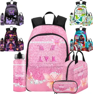 Custom Backpacks for Girls with Lunch Bag Set, Custom Butterfly School Bags with Lunch Box Set for Daughter Customized Shoulders Bags with Name for School