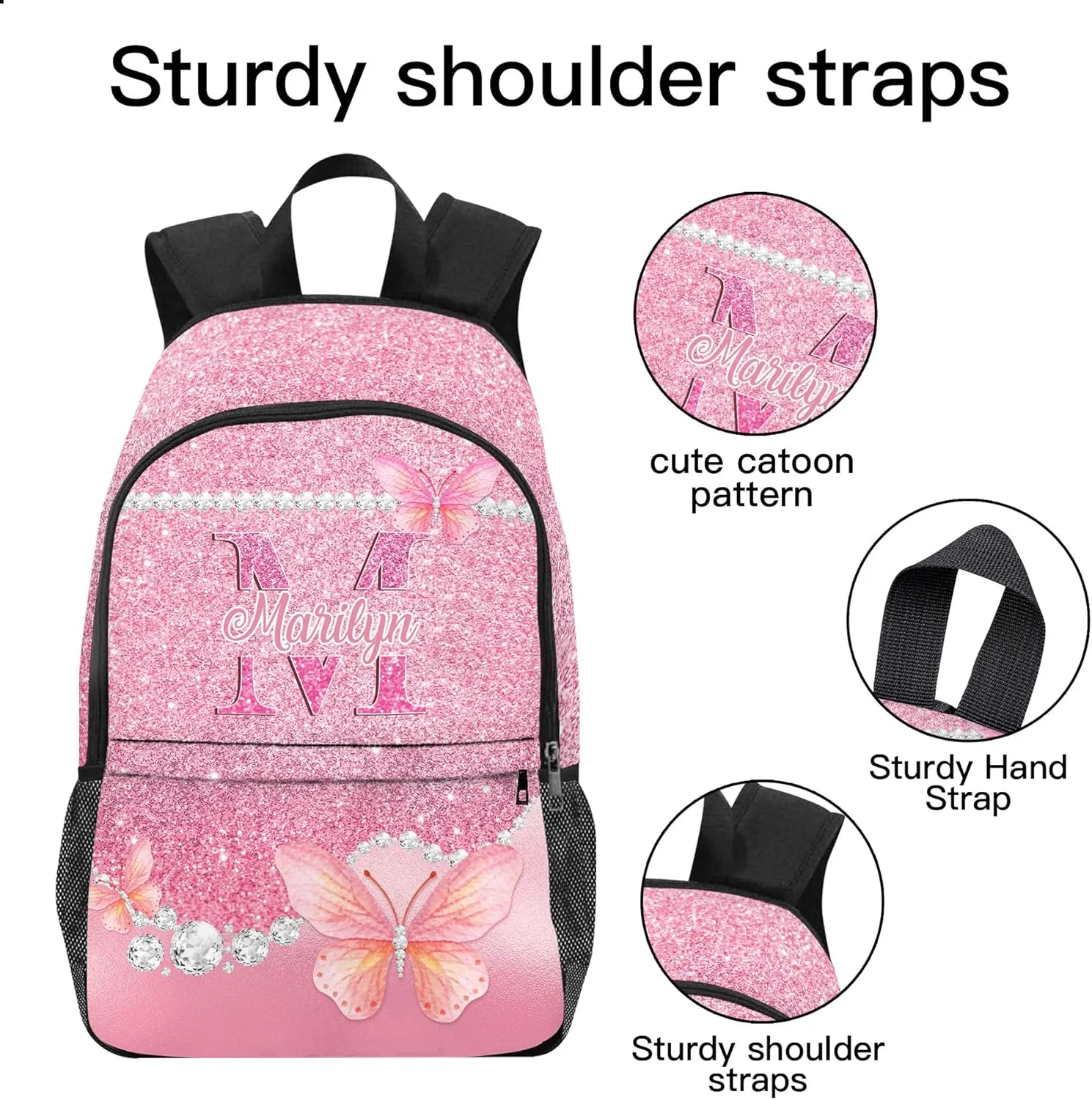 Custom Backpacks for Girls with Lunch Bag Set, Custom Butterfly School Bags with Lunch Box Set for Daughter Customized Shoulders Bags with Name for School