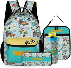 Custom Cute Cartoon Car Backpacks 4 Piece Set Personalized Add Name Backpack with Lunch Bag Pencil Bag Kids Water Bottle Customization School Book Bags for Boys Girls