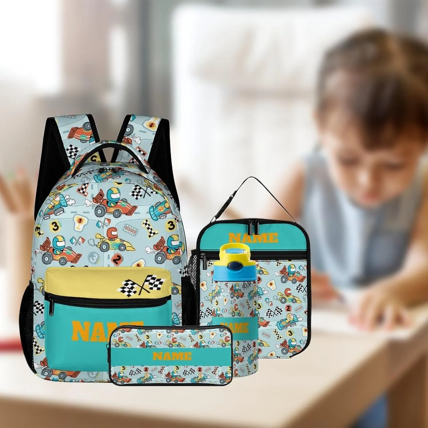 Custom Cute Cartoon Car Backpacks 4 Piece Set Personalized Add Name Backpack with Lunch Bag Pencil Bag Kids Water Bottle Customization School Book Bags for Boys Girls