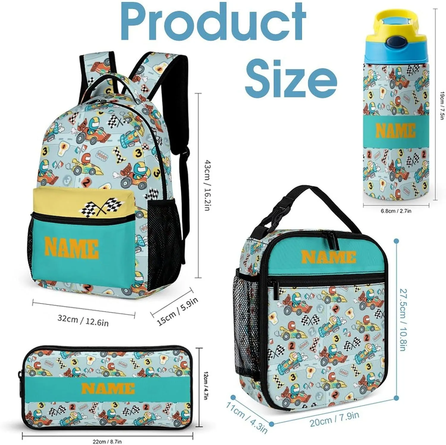Custom Cute Cartoon Car Backpacks 4 Piece Set Personalized Add Name Backpack with Lunch Bag Pencil Bag Kids Water Bottle Customization School Book Bags for Boys Girls