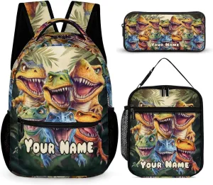 Custom Dinosaur Backpack with Lunch Box & Pencil Case, 16 Inch Cute Jurassic Dinosaurs Themed Bookbag, Adjustable Lightweight Large Capacity, Colorful Daily Casual Backpacks Set with Lunch Bag