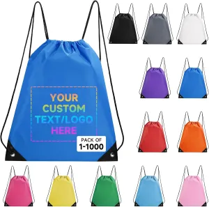 Custom Drawstring Bags With Logo, 10 Pack Personalized Text Drawstring Backpack Bulk Great for Travelling, Gym and for Everyday Use (Deep Blue)