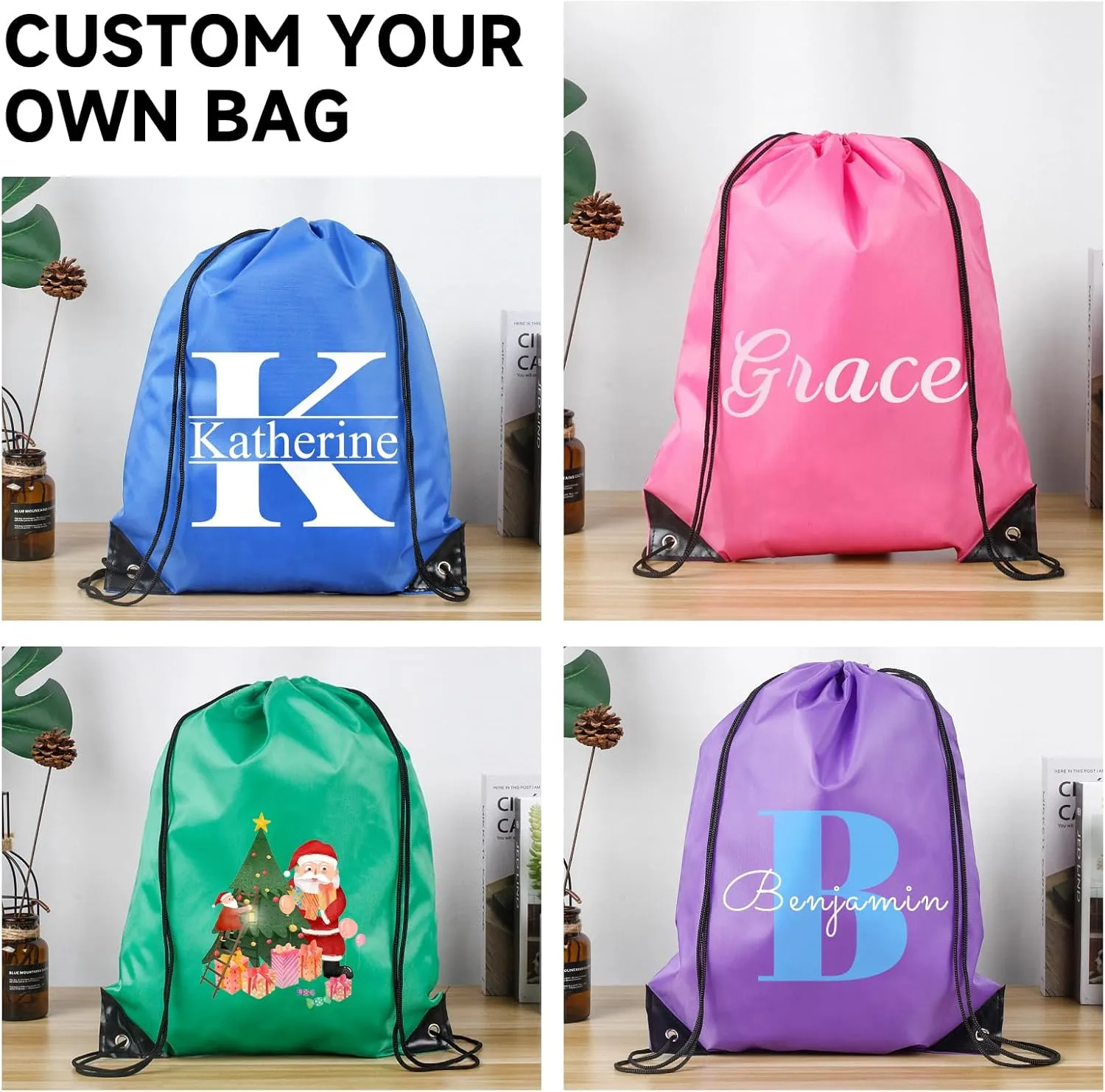 Custom Drawstring Bags With Logo, 10 Pack Personalized Text Drawstring Backpack Bulk Great for Travelling, Gym and for Everyday Use (Light Pink)