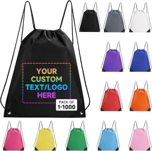 Custom Drawstring Bags With Logo, 50 Pack Personalized Text Drawstring Backpack Bulk Great for Travelling, Gym and for Everyday Use (Black)