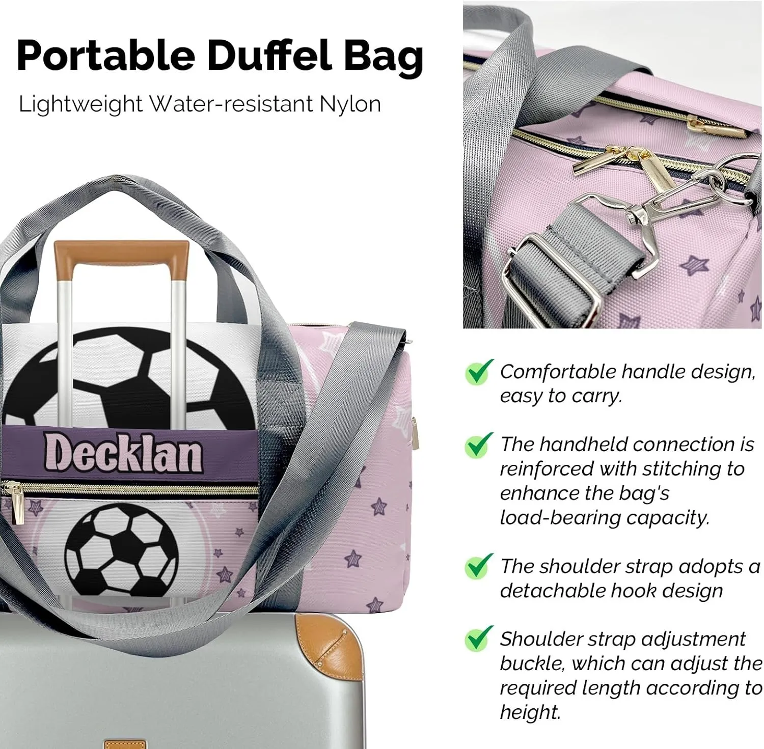 Custom Duffel Overnight Travel Bag for Sports Workout Girls Boys,Little Soccer Star Pink Personalized MultiFunction Duffle Bag Customized Gifts