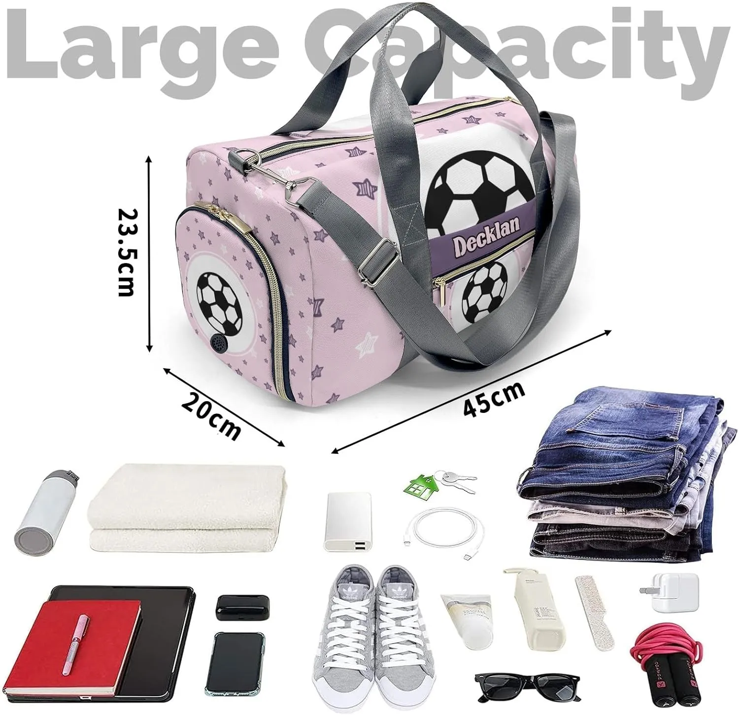 Custom Duffel Overnight Travel Bag for Sports Workout Girls Boys,Little Soccer Star Pink Personalized MultiFunction Duffle Bag Customized Gifts