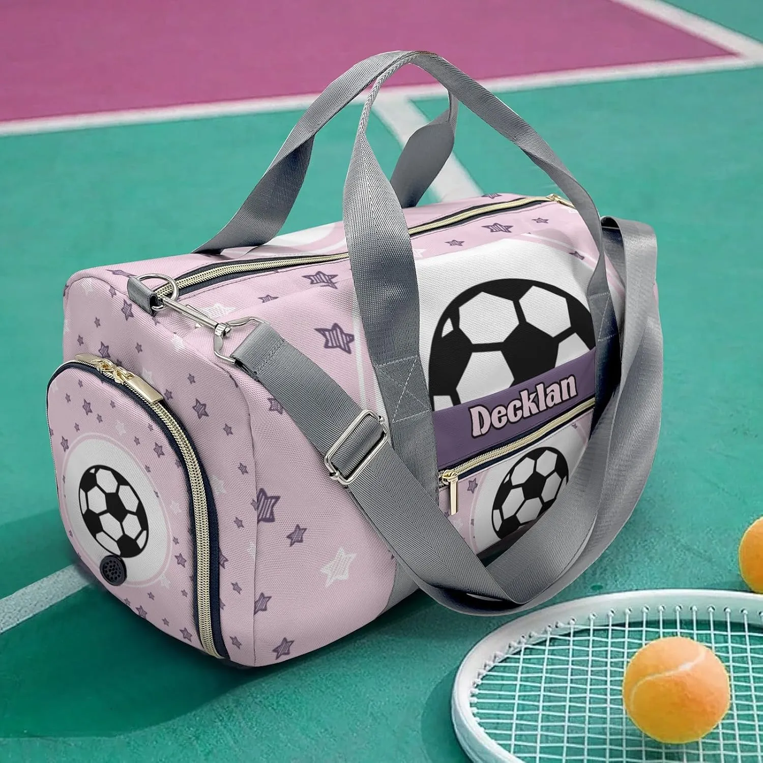 Custom Duffel Overnight Travel Bag for Sports Workout Girls Boys,Little Soccer Star Pink Personalized MultiFunction Duffle Bag Customized Gifts