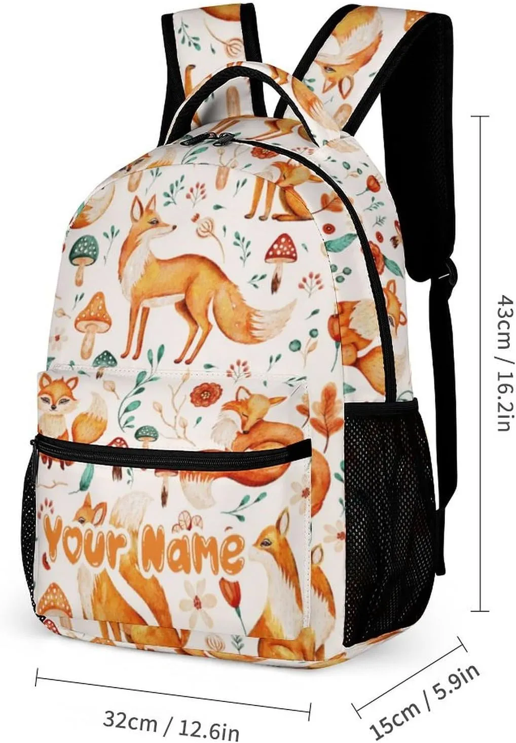 Custom Fox Backpack for Kids Girls Boys School, 16 Inches Cute Foxes Theme Bookbag, Adjustable, Lightweight, Large Capacity, Colorful Daily Casual Animal Backpacks