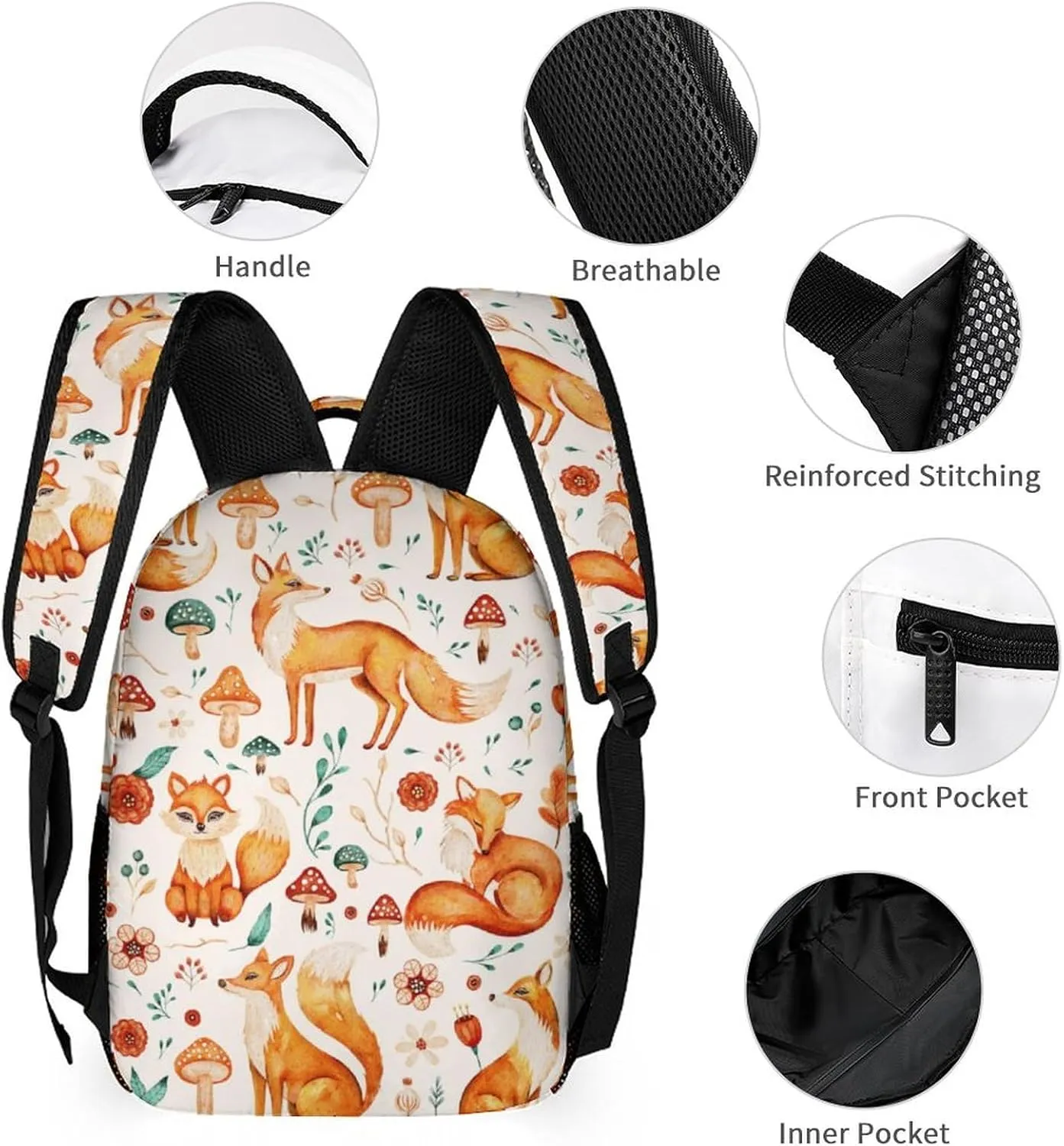 Custom Fox Backpack for Kids Girls Boys School, 16 Inches Cute Foxes Theme Bookbag, Adjustable, Lightweight, Large Capacity, Colorful Daily Casual Animal Backpacks