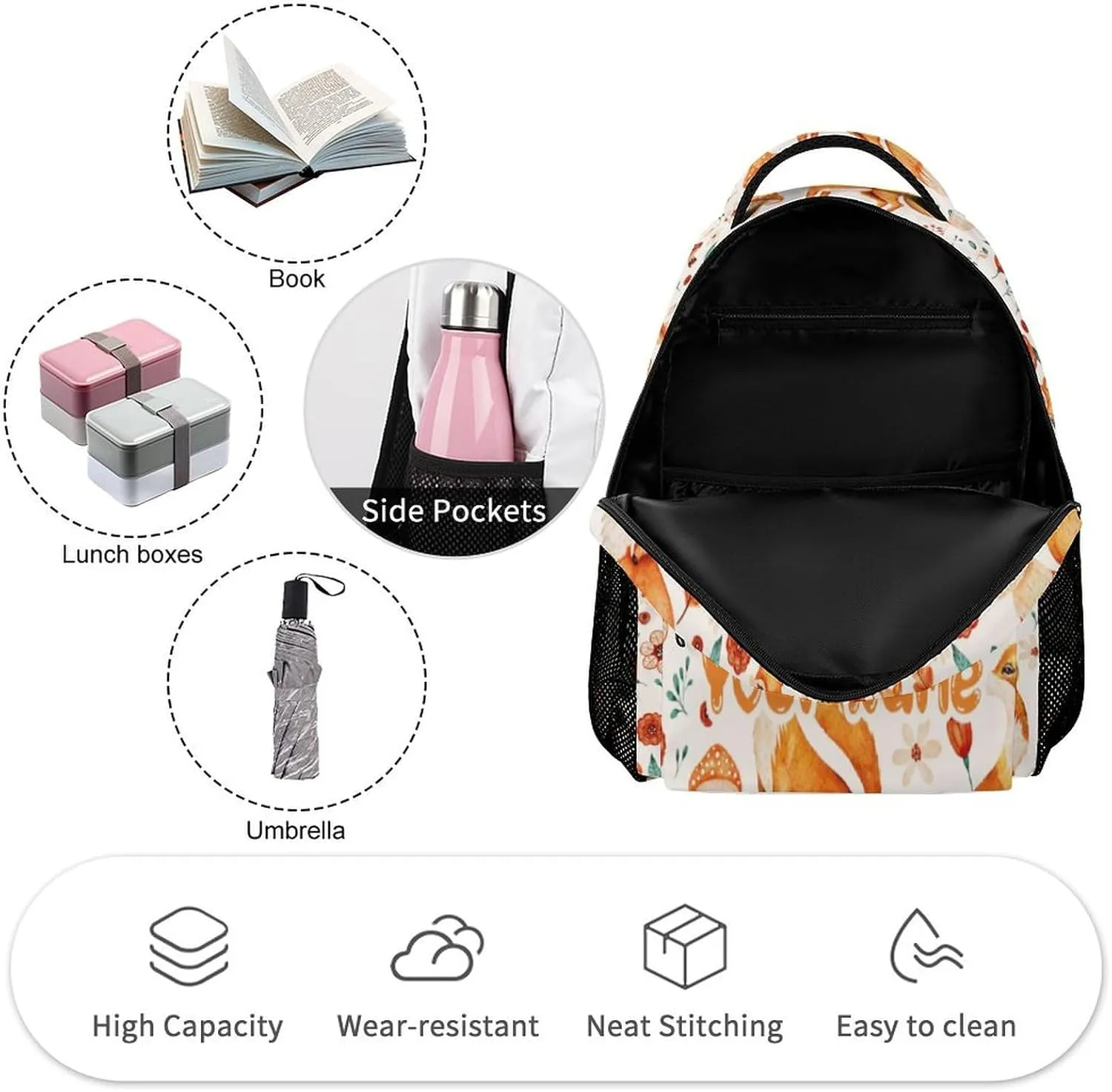 Custom Fox Backpack for Kids Girls Boys School, 16 Inches Cute Foxes Theme Bookbag, Adjustable, Lightweight, Large Capacity, Colorful Daily Casual Animal Backpacks