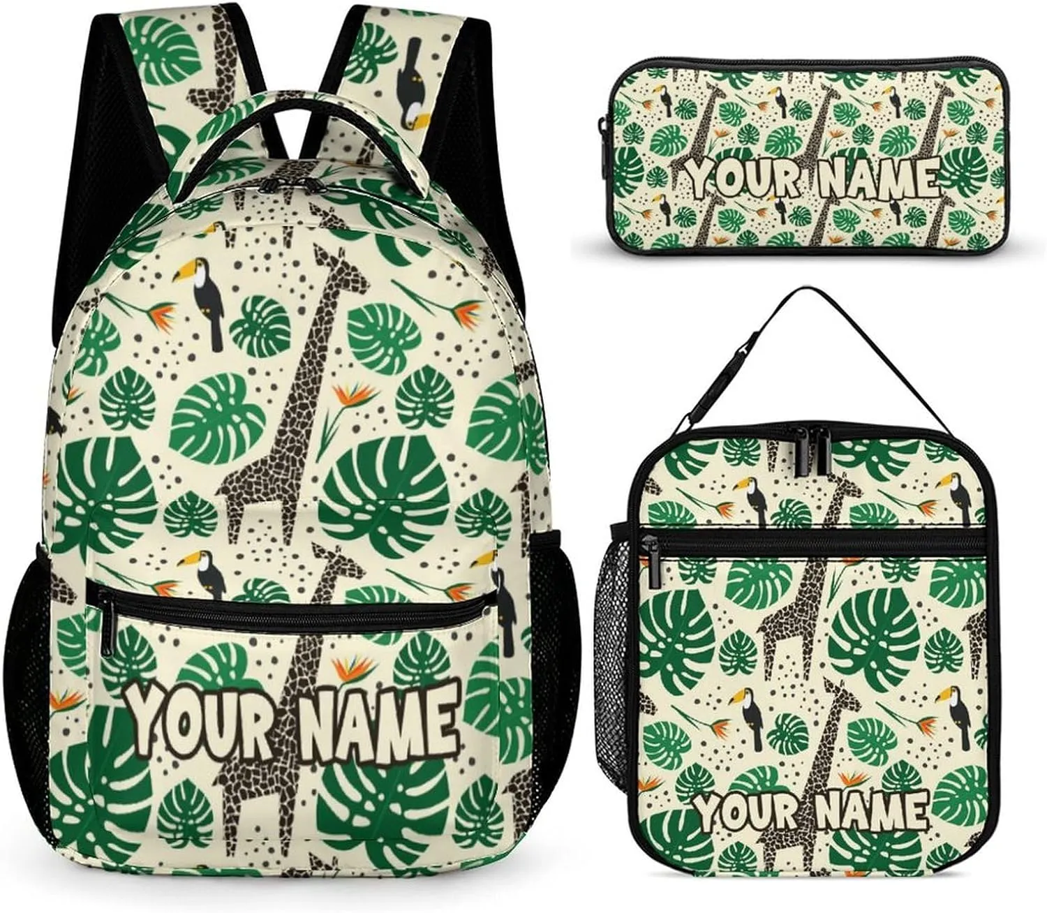 Custom Giraffe Backpack with Lunch Box & Pencil Case, 16 Inch Cute Giraffes Themed Bookbag, Adjustable Lightweight Large Capacity, Colorful Daily Casual Backpacks Set with Lunch Bag