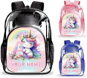 Custom Initial Clear Backpack for Kids, Unicorn Transparent Backpack for School Stadium Events Team Gifts for Women Men, Heavy Duty With Buckle for Kids for College Workplace Stadium