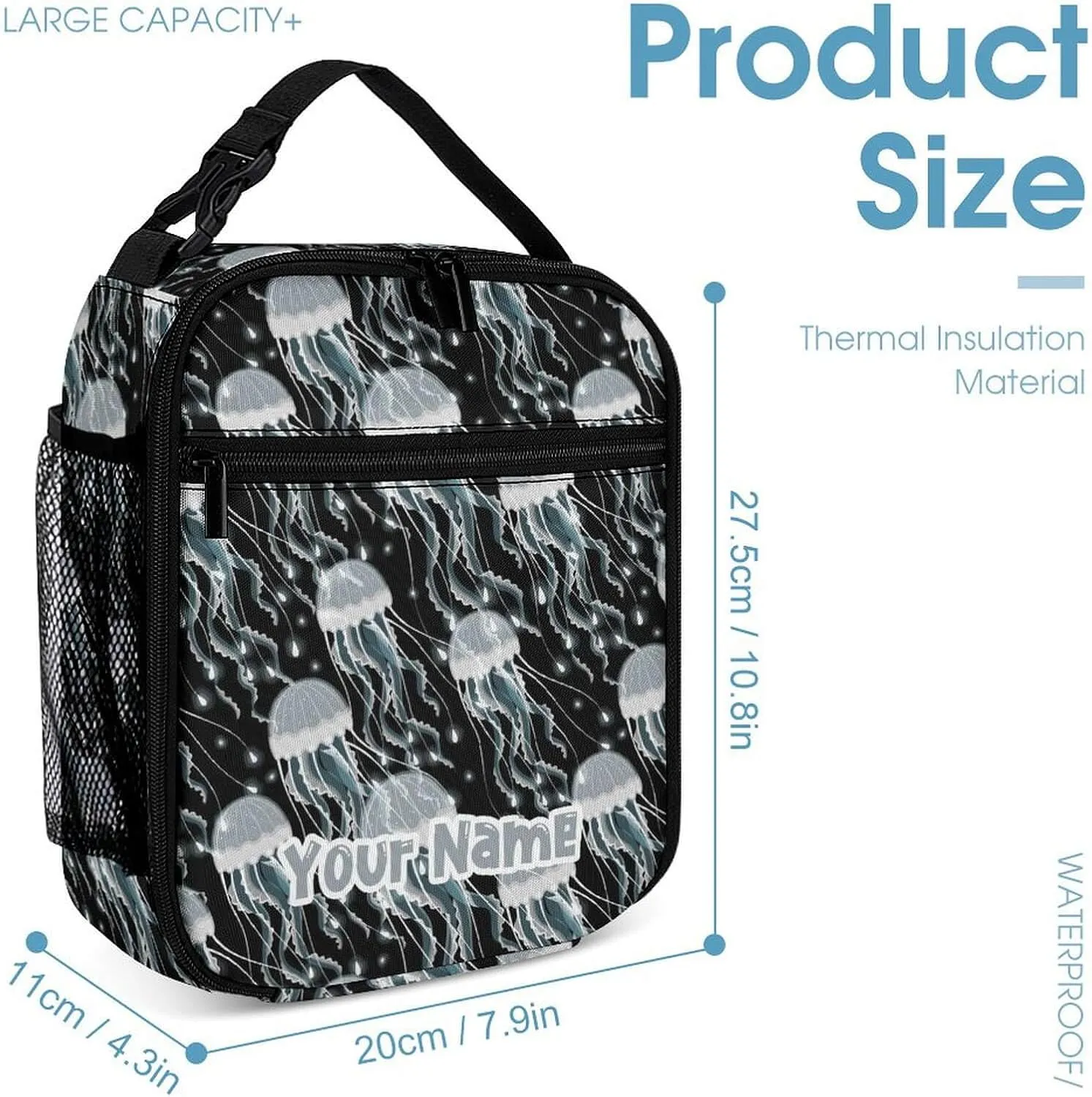 Custom Jellyfish Backpack with Lunch Box & Pencil Case, 16 Inch Cute Jellyfishes Themed Bookbag, Adjustable Lightweight Large Capacity, Daily Casual Backpacks Set for Kids Girls Boys School