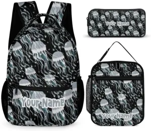 Custom Jellyfish Backpack with Lunch Box & Pencil Case, 16 Inch Cute Jellyfishes Themed Bookbag, Adjustable Lightweight Large Capacity, Daily Casual Backpacks Set for Kids Girls Boys School