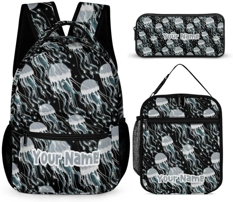 Custom Jellyfish Backpack with Lunch Box & Pencil Case, 16 Inch Cute Jellyfishes Themed Bookbag, Adjustable Lightweight Large Capacity, Daily Casual Backpacks Set for Kids Girls Boys School