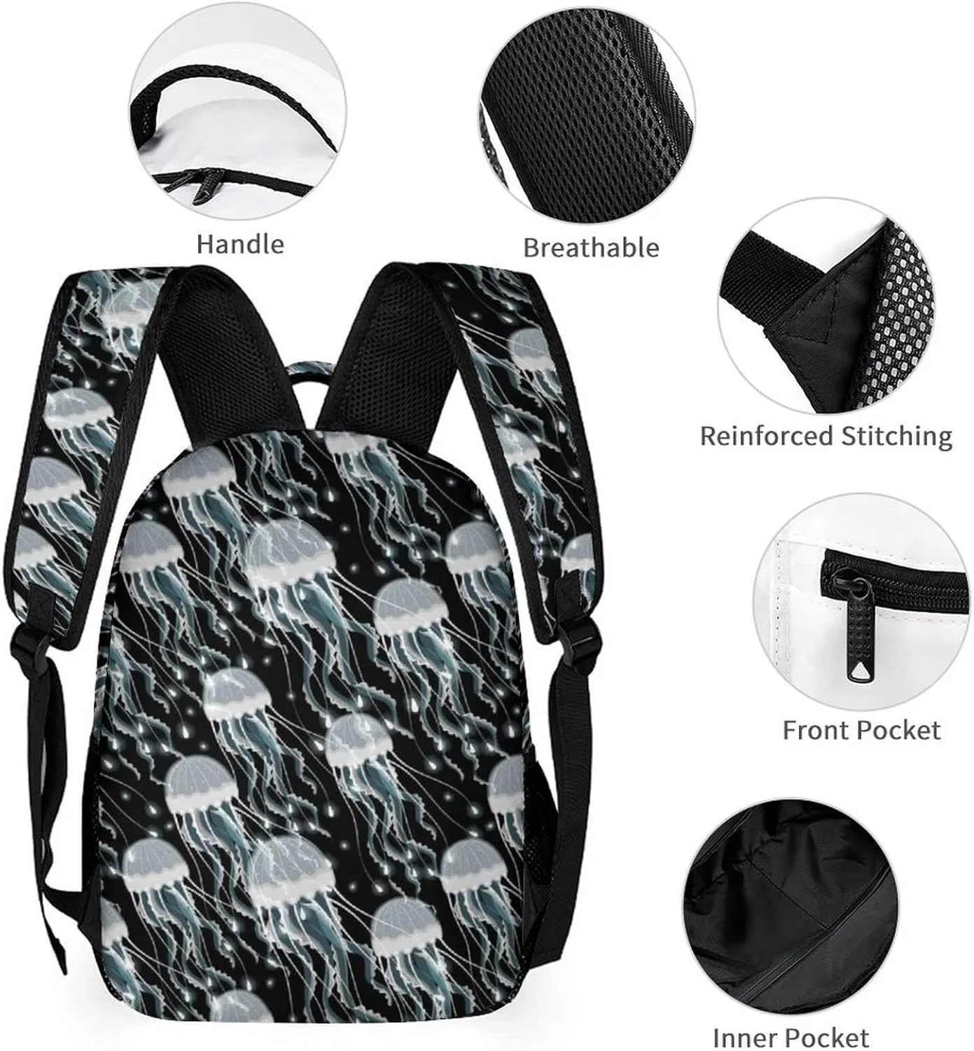 Custom Jellyfish Backpack with Lunch Box & Pencil Case, 16 Inch Cute Jellyfishes Themed Bookbag, Adjustable Lightweight Large Capacity, Daily Casual Backpacks Set for Kids Girls Boys School
