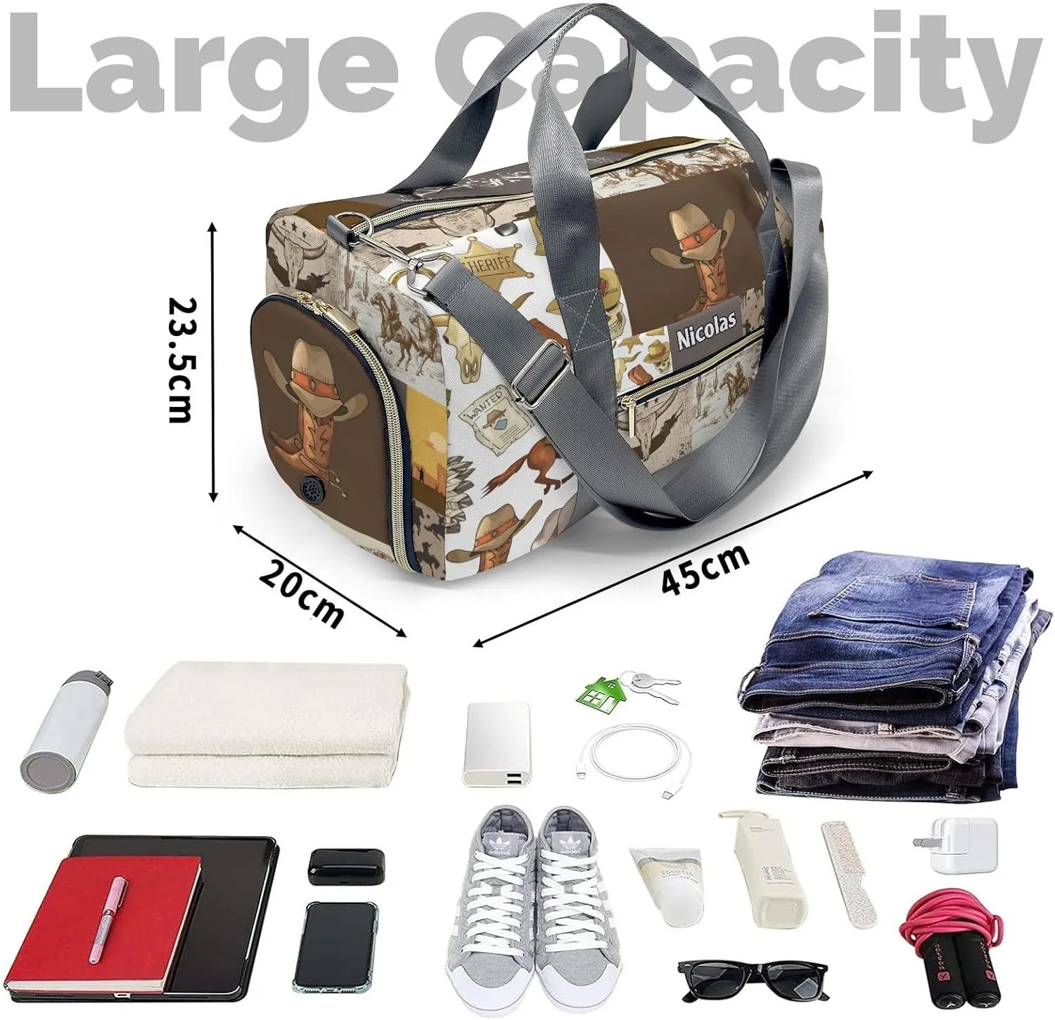Custom Kids Duffel Overnight Dance Bag for Girls, Vintage Cowboy Western Life Personalized Dance Duffle Bag for Women Girls Customized Kids Gifts