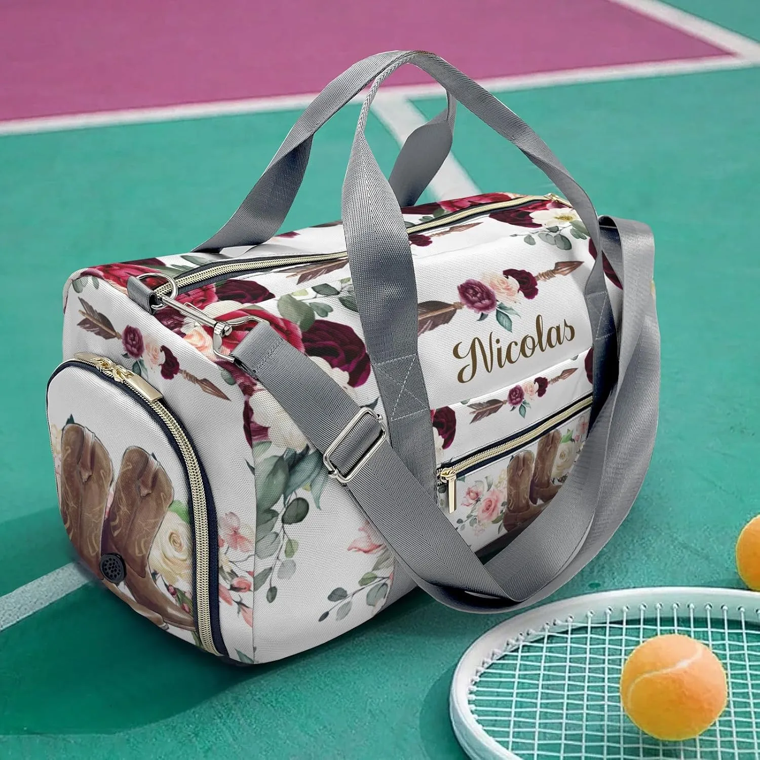Custom Kids Duffel Overnight Dance Bag for Girls,Retro Cowboy Boot Flower Personalized Dance Duffle Bag for Women Girls Customized Kids Gifts