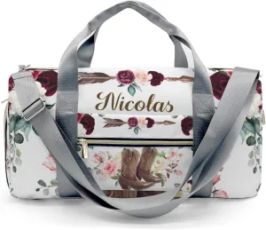 Custom Kids Duffel Overnight Dance Bag for Girls,Retro Cowboy Boot Flower Personalized Dance Duffle Bag for Women Girls Customized Kids Gifts