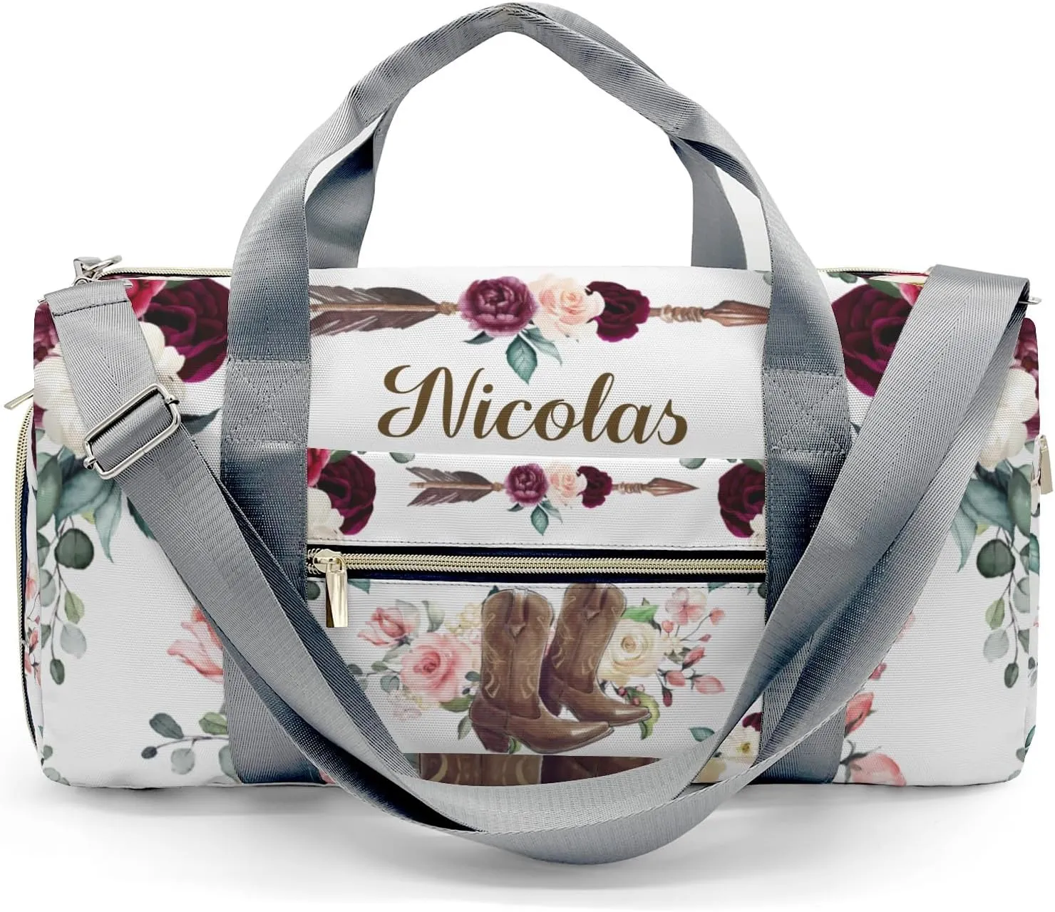 Custom Kids Duffel Overnight Dance Bag for Girls,Retro Cowboy Boot Flower Personalized Dance Duffle Bag for Women Girls Customized Kids Gifts