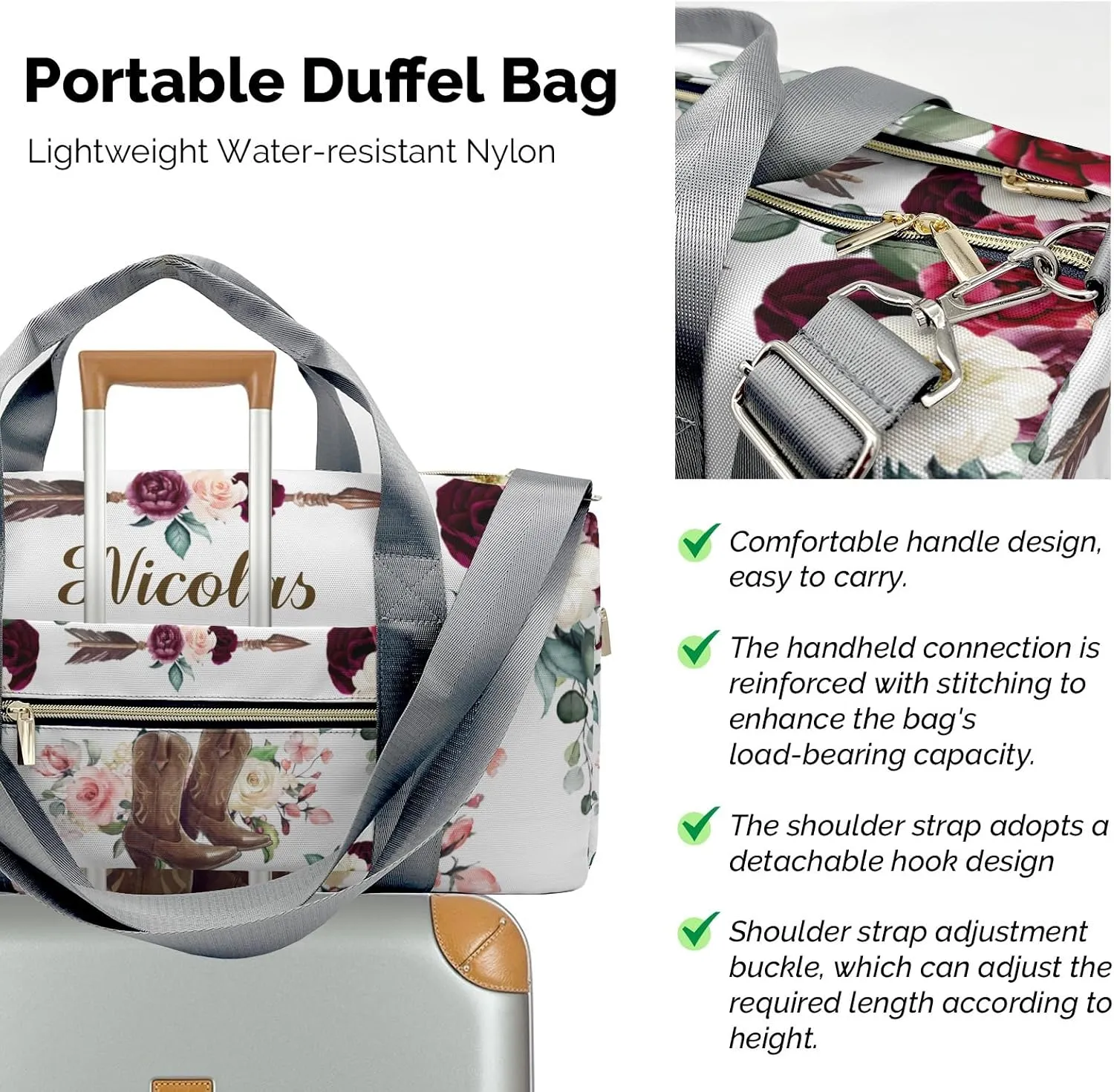 Custom Kids Duffel Overnight Dance Bag for Girls,Retro Cowboy Boot Flower Personalized Dance Duffle Bag for Women Girls Customized Kids Gifts