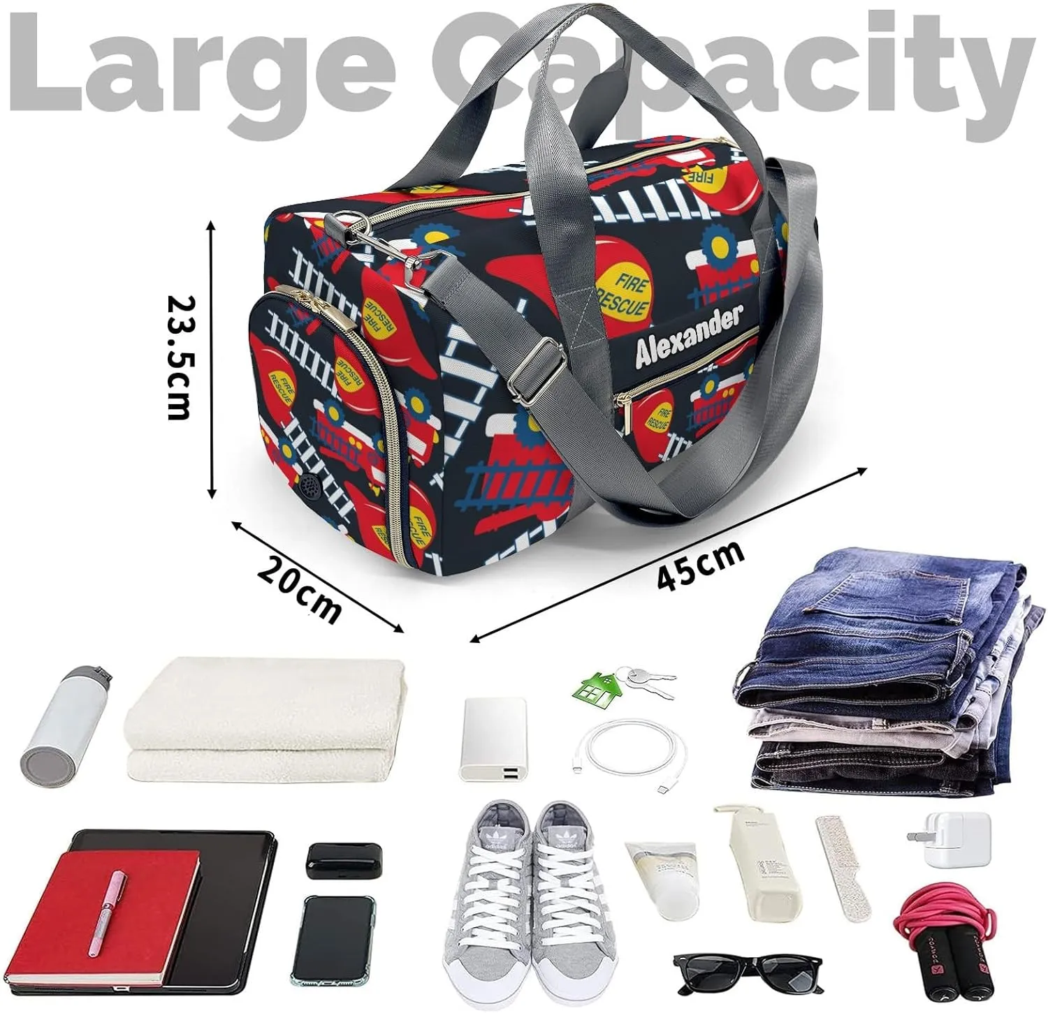 Custom Kids Fire Rescue Truck Duffel Overnight Dance Bag for Girls Personalized Dance Duffle Bag for Women Girls Customized Kids Gifts
