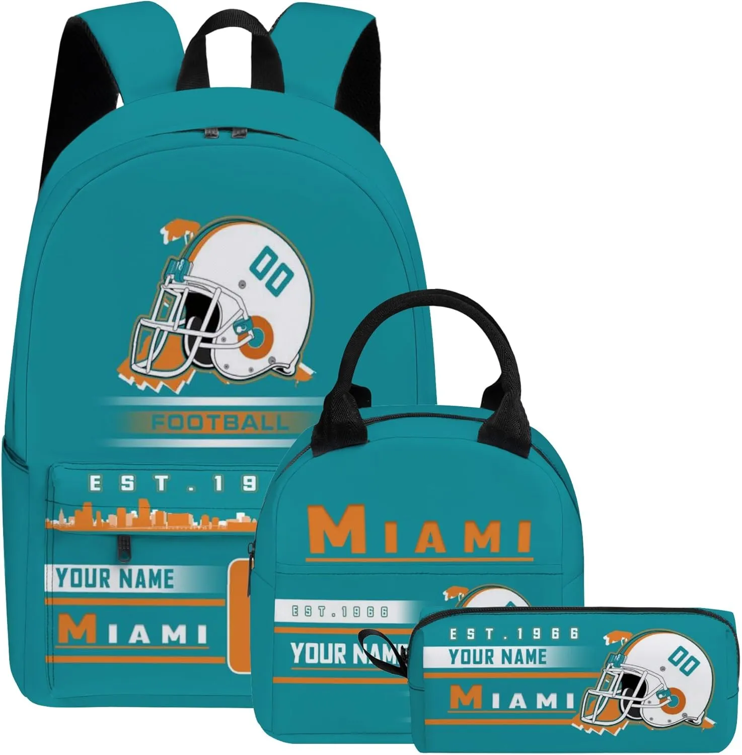 Custom Miami 3-Piece Set Backpack with Lunch Bag Pencil Case Personalized Name Number School Book Bags Customized Backpack Set Gifts for Girls Boys Fans