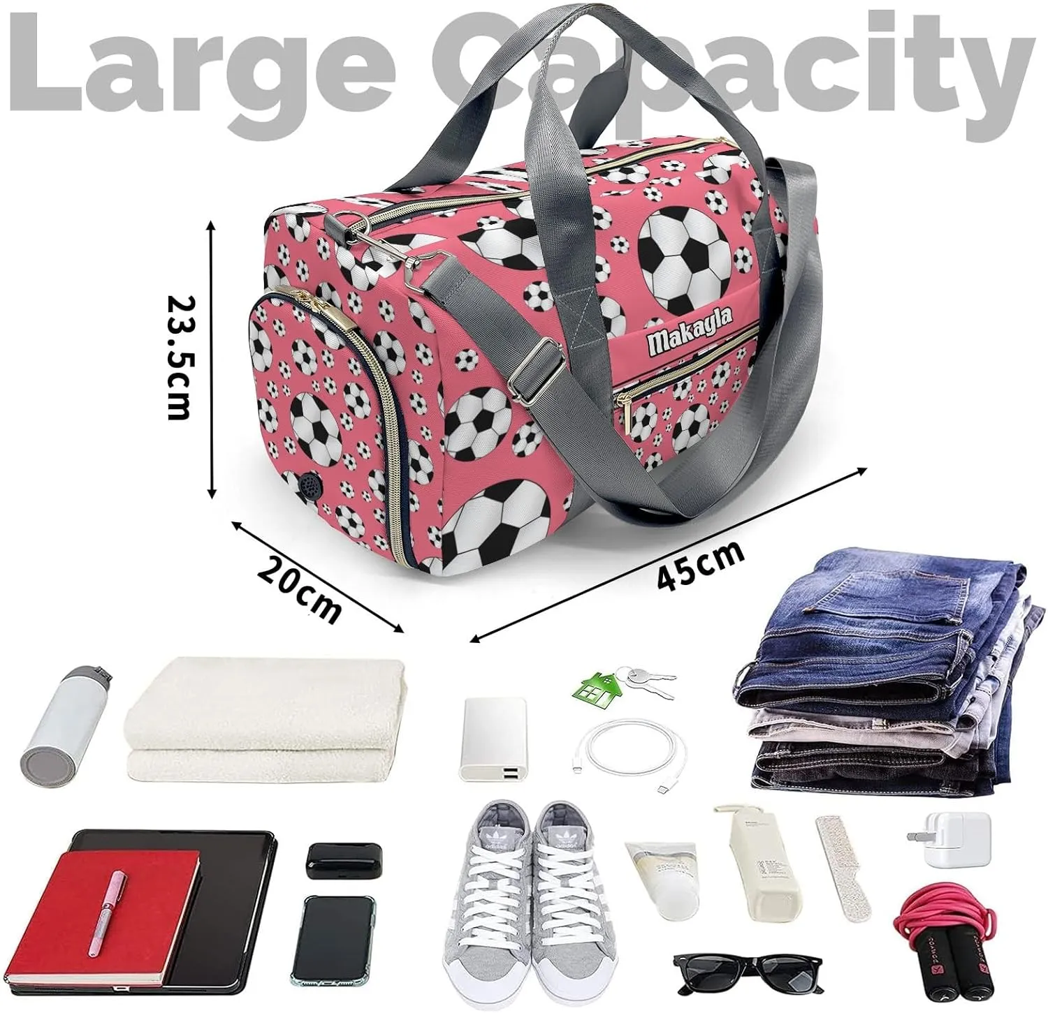 Custom MultiFunction Sport Soccer Balls Flamingo Gym Duffel Bag – Travel Bag for Women and Men,Sports Gym Bag,Weekender Bag,Travel Tote Bags for Sports with Name