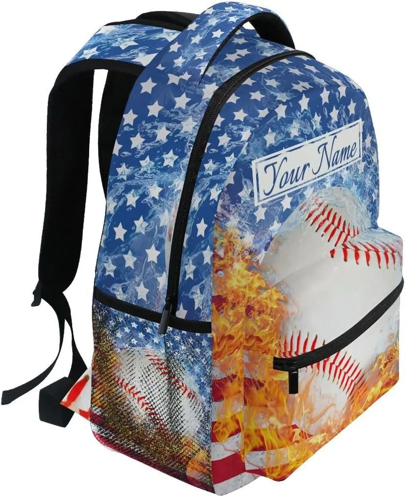Custom Name Blue Baseball Bookbags Chic School Backpacks Travel Laptop Daypack Bag Purse for Girls Boys Teens