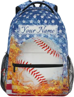 Custom Name Blue Baseball Bookbags Chic School Backpacks Travel Laptop Daypack Bag Purse for Girls Boys Teens