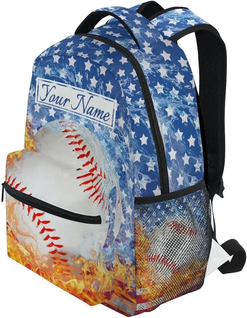 Custom Name Blue Baseball Bookbags Chic School Backpacks Travel Laptop Daypack Bag Purse for Girls Boys Teens
