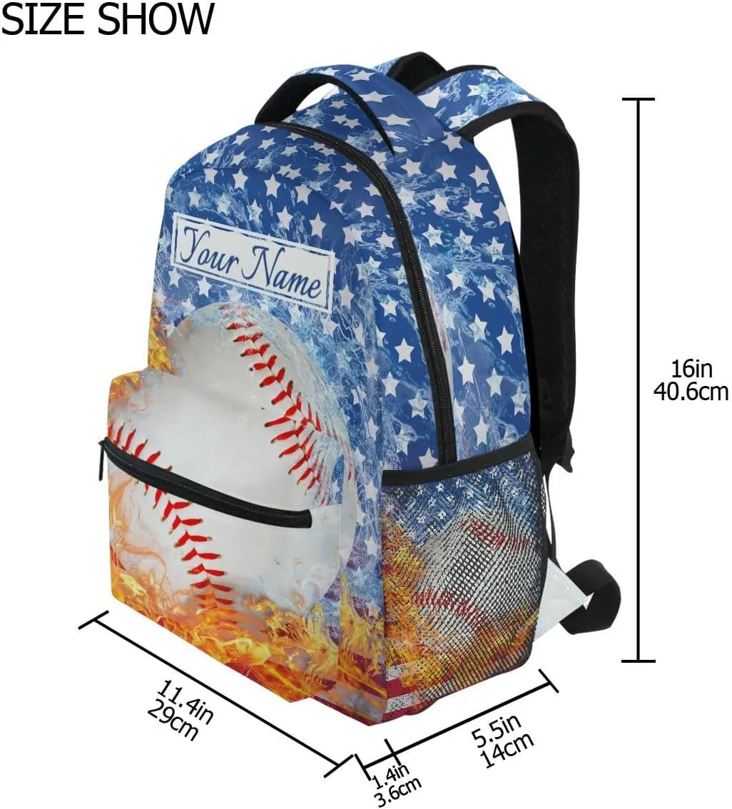 Custom Name Blue Baseball Bookbags Chic School Backpacks Travel Laptop Daypack Bag Purse for Girls Boys Teens