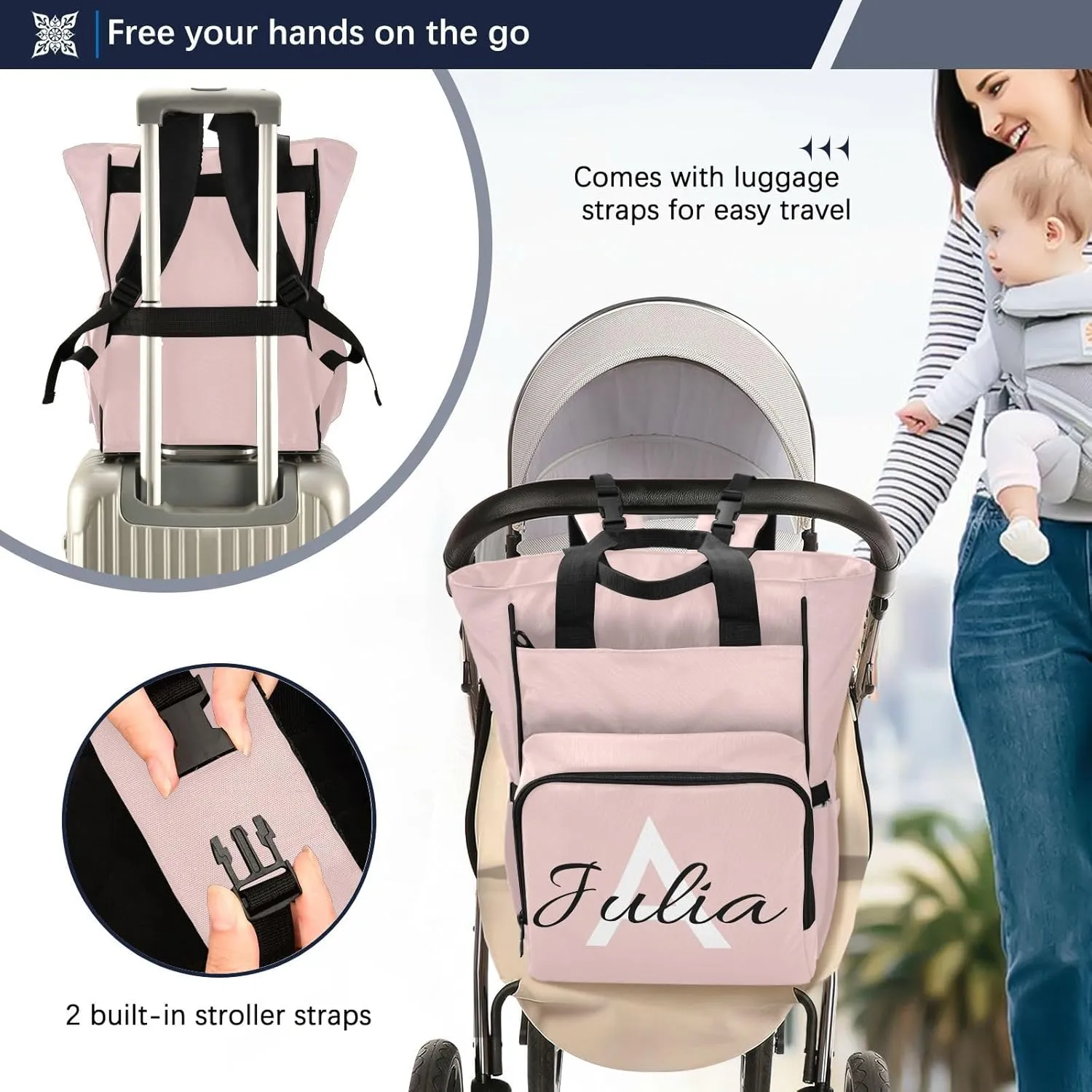Custom Rose Quartz Diaper Bag Backpack for Baby Boy Girl Large Capacity Baby Changing Totes with Three Pockets Multifunction Travel Baby Bag for Playing Shopping