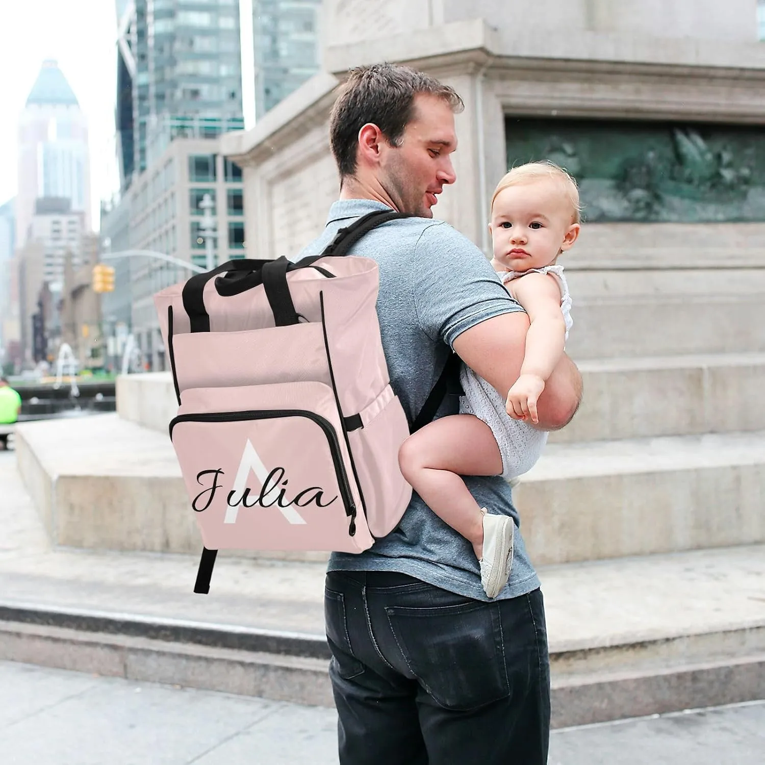 Custom Rose Quartz Diaper Bag Backpack for Baby Boy Girl Large Capacity Baby Changing Totes with Three Pockets Multifunction Travel Baby Bag for Playing Shopping