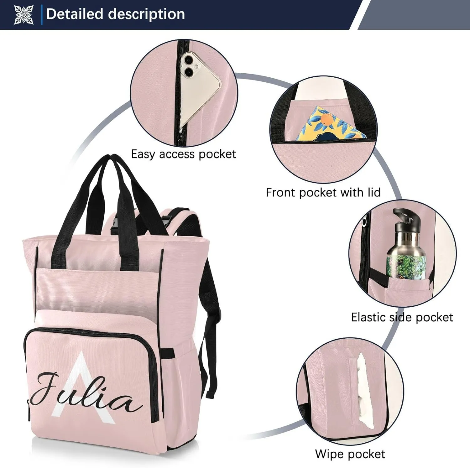 Custom Rose Quartz Diaper Bag Backpack for Baby Boy Girl Large Capacity Baby Changing Totes with Three Pockets Multifunction Travel Baby Bag for Playing Shopping