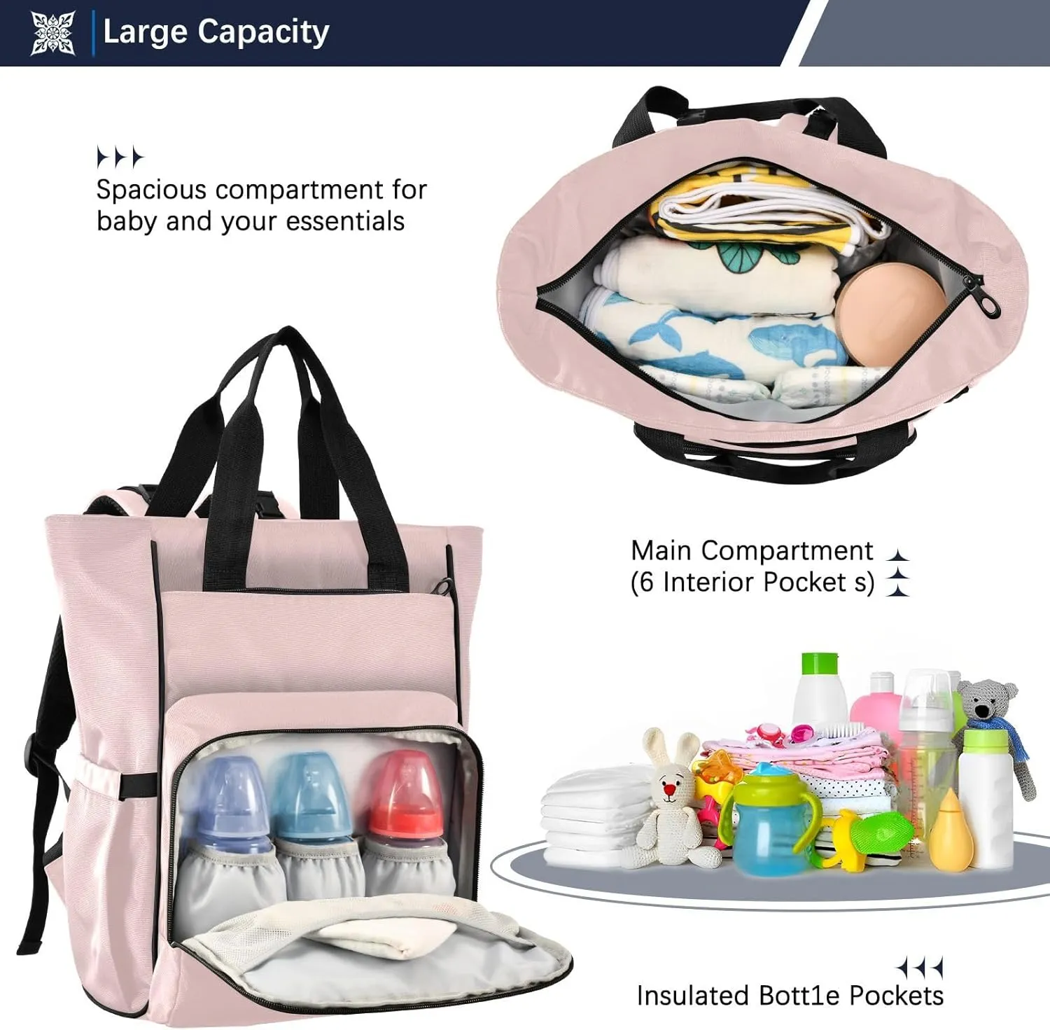 Custom Rose Quartz Diaper Bag Backpack for Baby Boy Girl Large Capacity Baby Changing Totes with Three Pockets Multifunction Travel Baby Bag for Playing Shopping