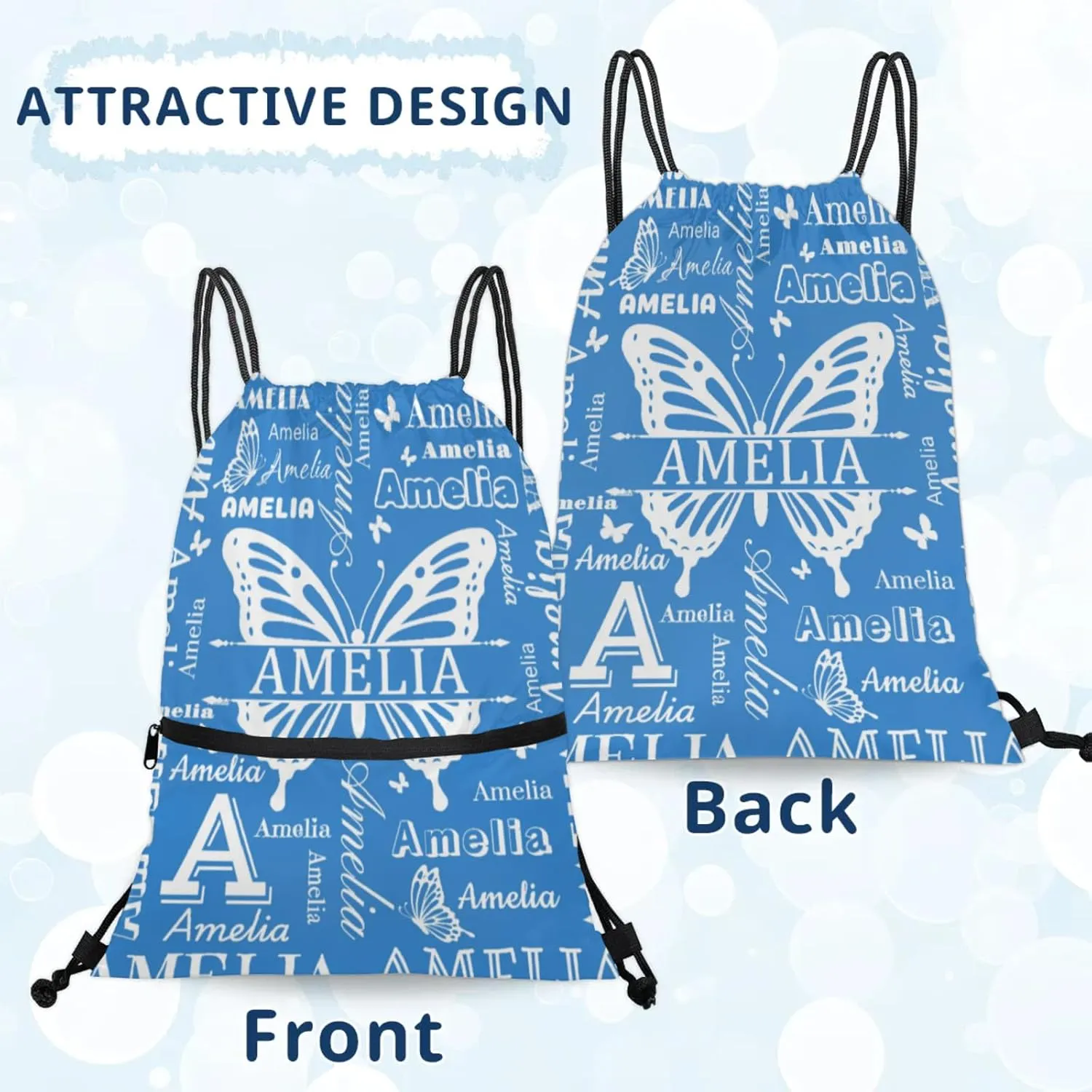 Custom Sports Drawstring Backpacks with Name Dance Gymnastics Bag, Butterfly Design Personalized Drawstring Sport Bags for Gym Beach Travel, Blue