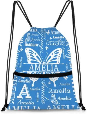 Custom Sports Drawstring Backpacks with Name Dance Gymnastics Bag, Butterfly Design Personalized Drawstring Sport Bags for Gym Beach Travel, Blue