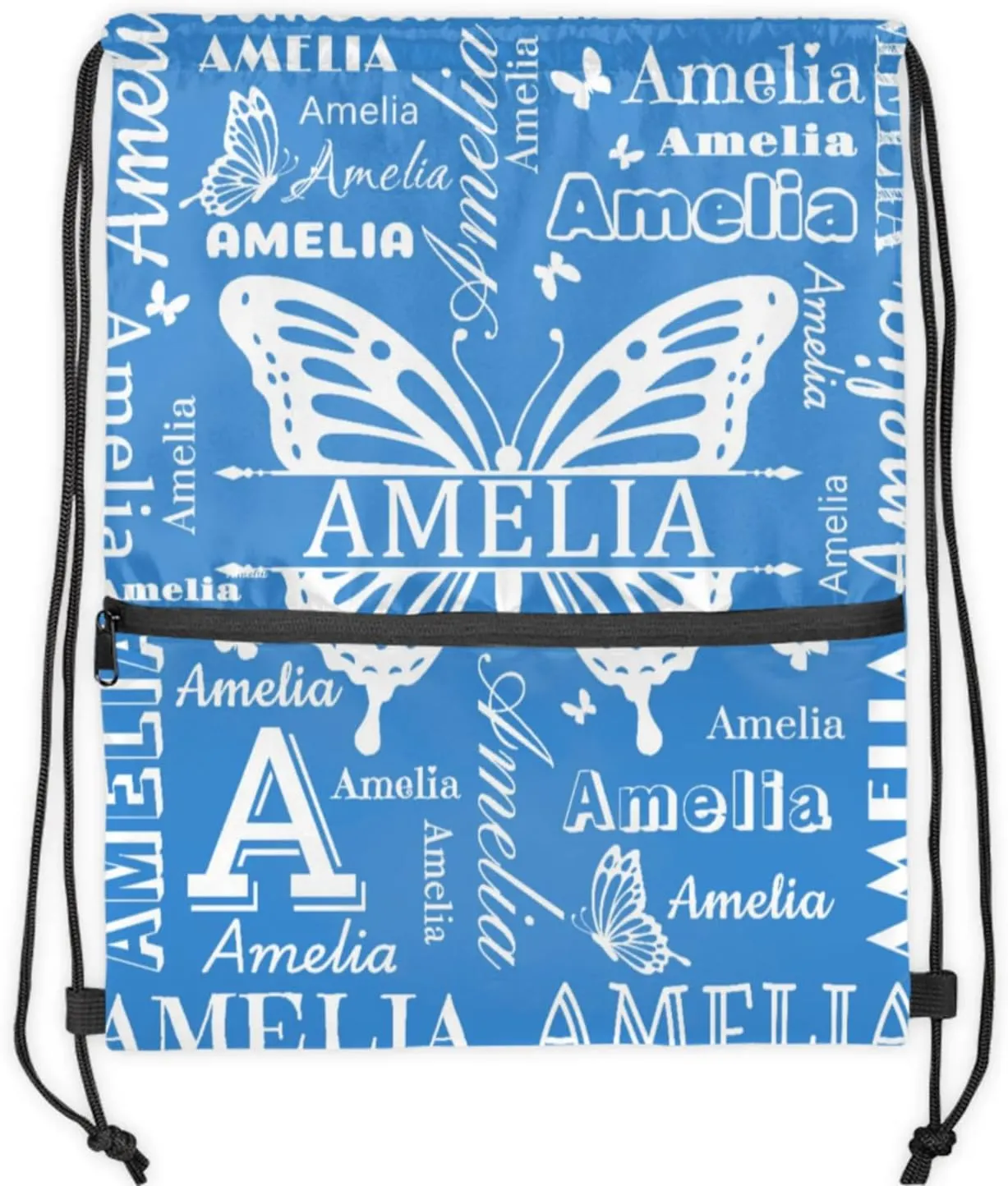 Custom Sports Drawstring Backpacks with Name Dance Gymnastics Bag, Butterfly Design Personalized Drawstring Sport Bags for Gym Beach Travel, Blue