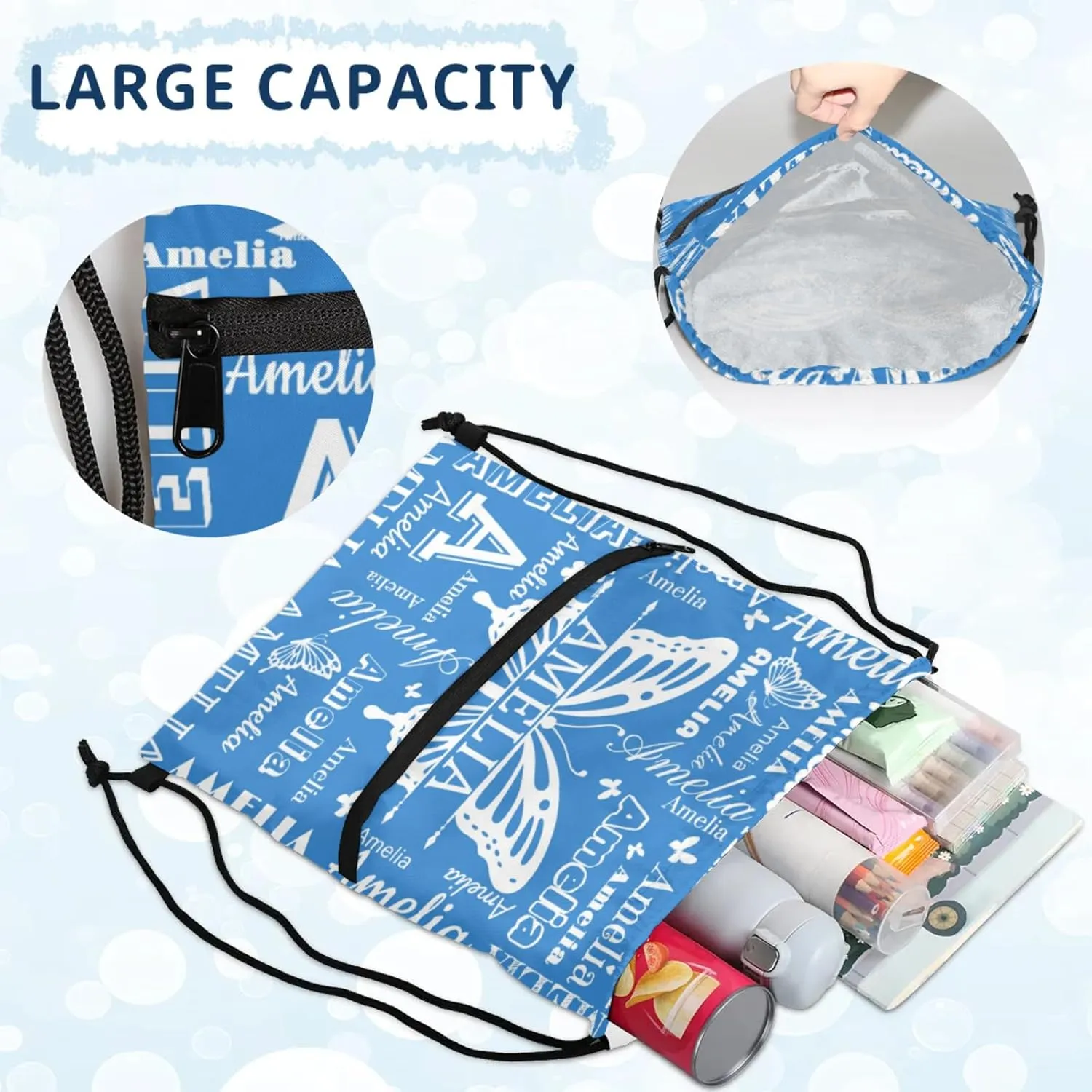 Custom Sports Drawstring Backpacks with Name Dance Gymnastics Bag, Butterfly Design Personalized Drawstring Sport Bags for Gym Beach Travel, Blue