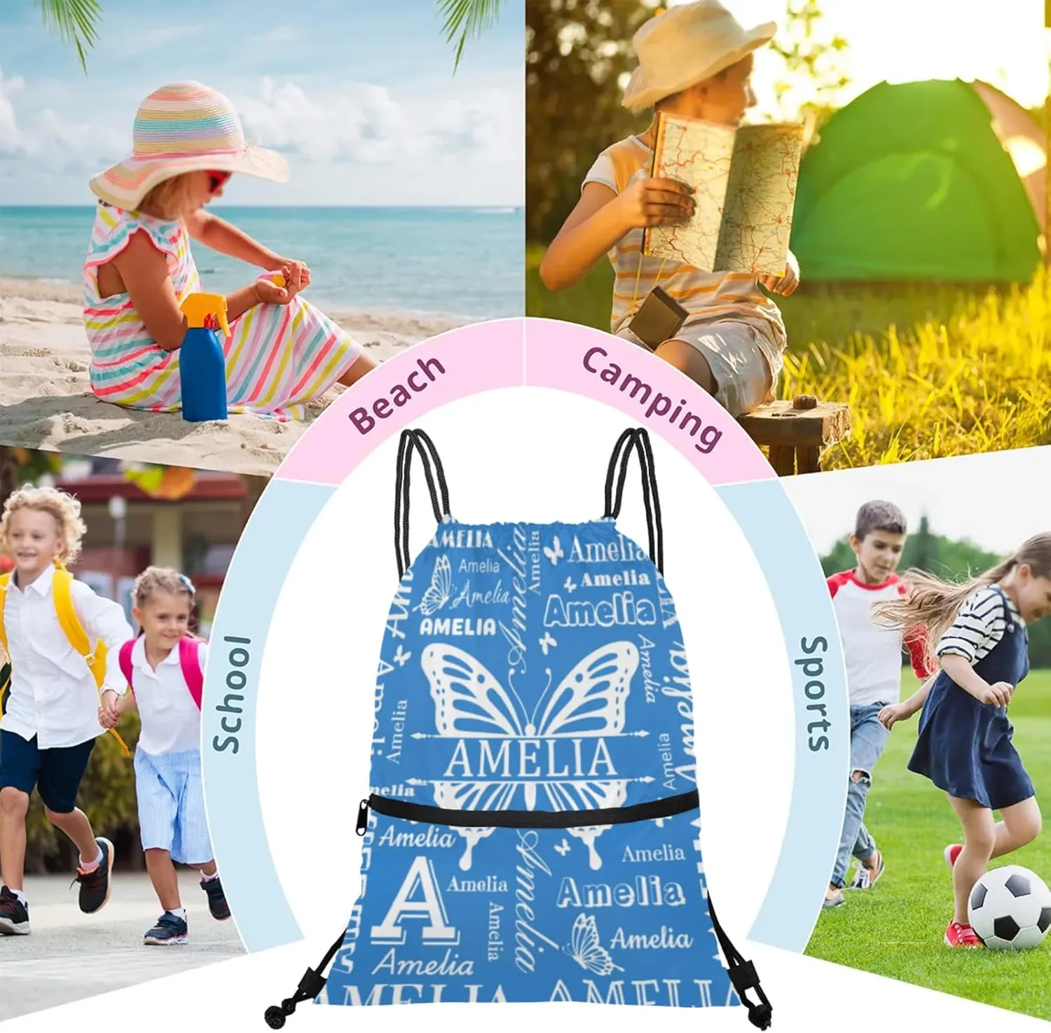 Custom Sports Drawstring Backpacks with Name Dance Gymnastics Bag, Butterfly Design Personalized Drawstring Sport Bags for Gym Beach Travel, Blue