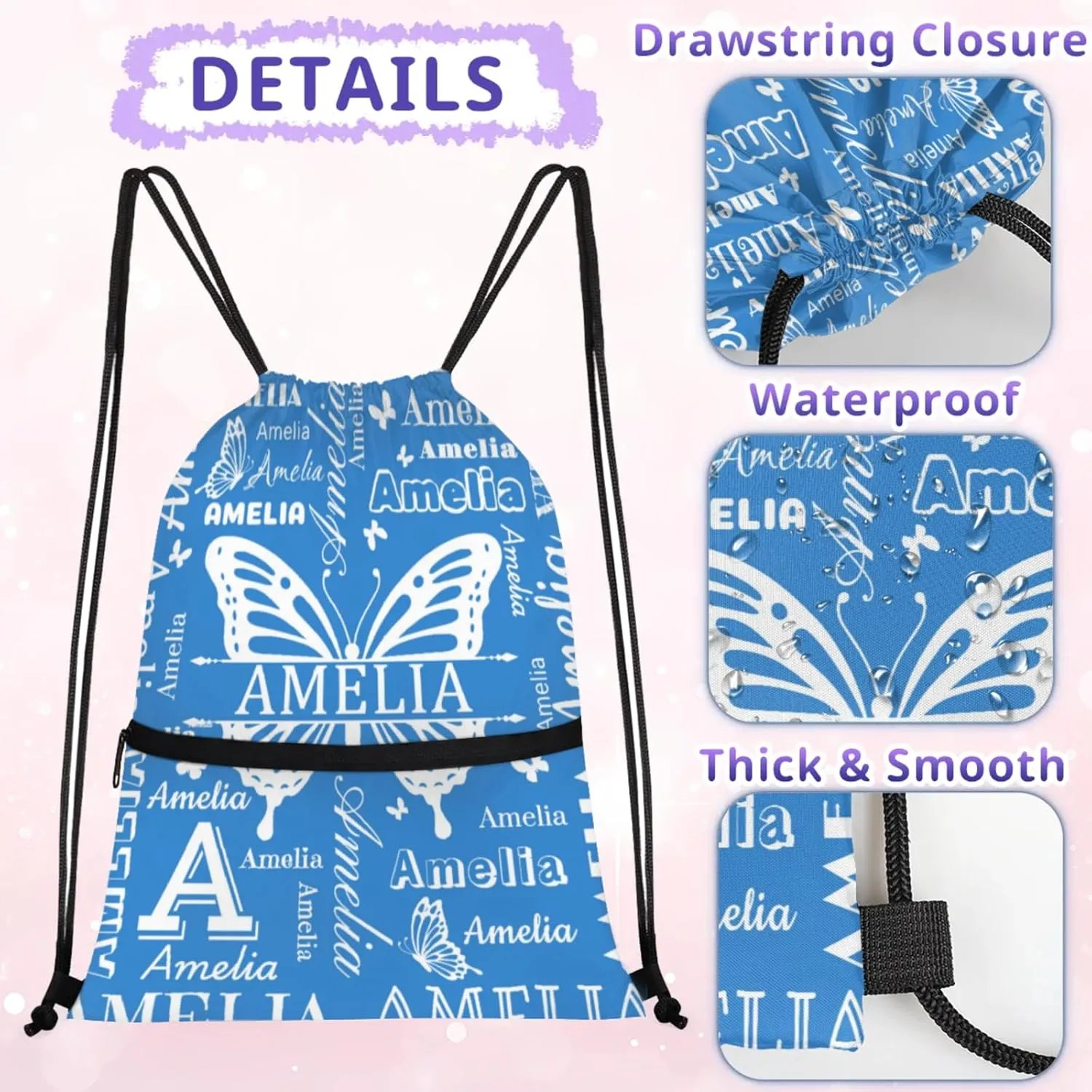 Custom Sports Drawstring Backpacks with Name Dance Gymnastics Bag, Butterfly Design Personalized Drawstring Sport Bags for Gym Beach Travel, Blue