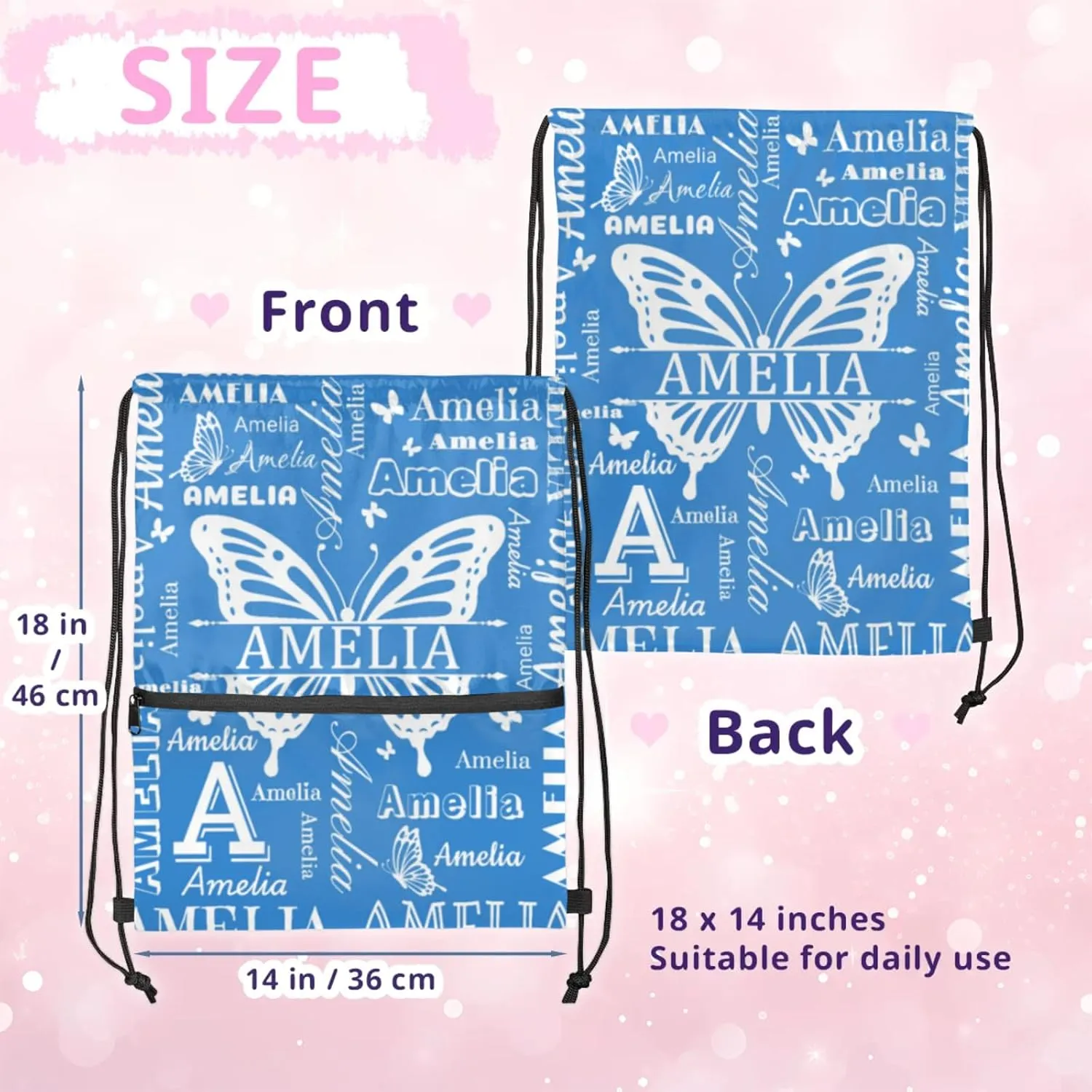 Custom Sports Drawstring Backpacks with Name Dance Gymnastics Bag, Butterfly Design Personalized Drawstring Sport Bags for Gym Beach Travel, Blue