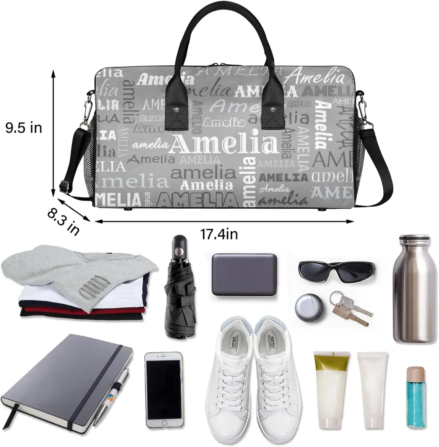 Custom Sports Duffel Bag with Name Personalized Gymnastics Bag for Women Men Dance Ballet Bag Travel Duffels Lightweight 17.4in, Grey