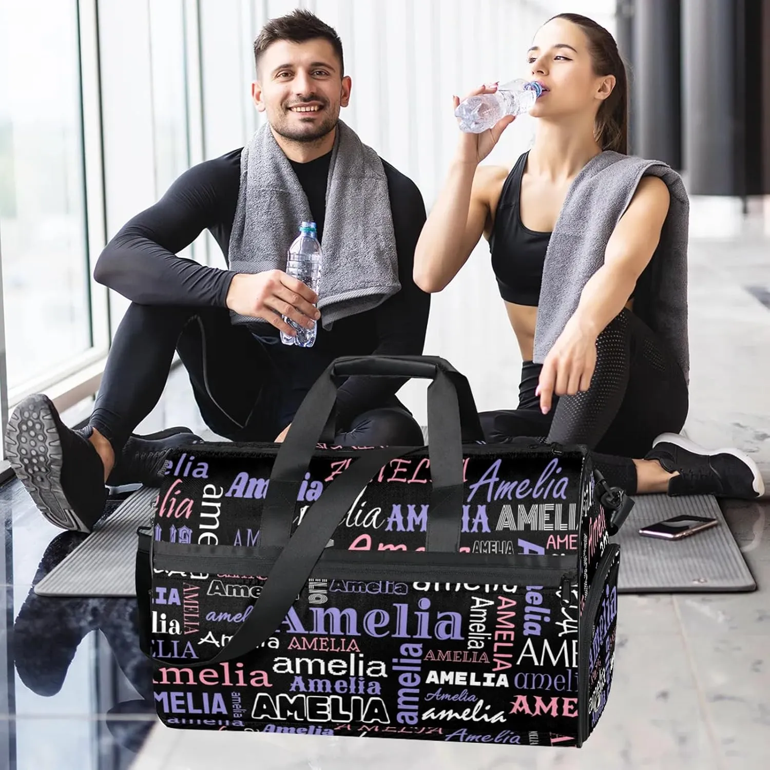 Custom Sports Duffel Bag with Name Personalized Gymnastics Bag with Shoes Compartment for Women Dance Ballet Bag Travel Duffels Lightweight, Black Pink