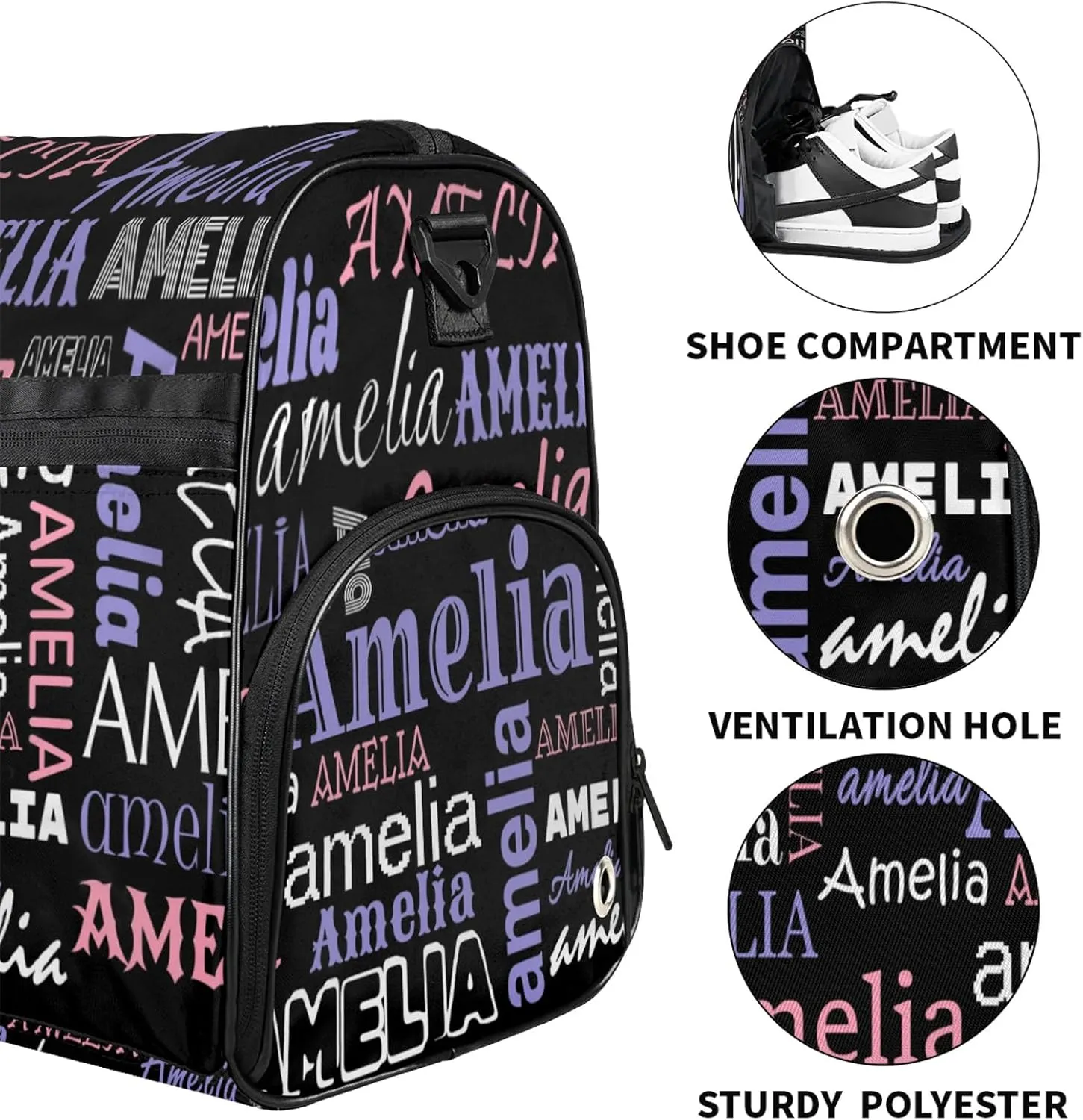 Custom Sports Duffel Bag with Name Personalized Gymnastics Bag with Shoes Compartment for Women Dance Ballet Bag Travel Duffels Lightweight, Black Pink