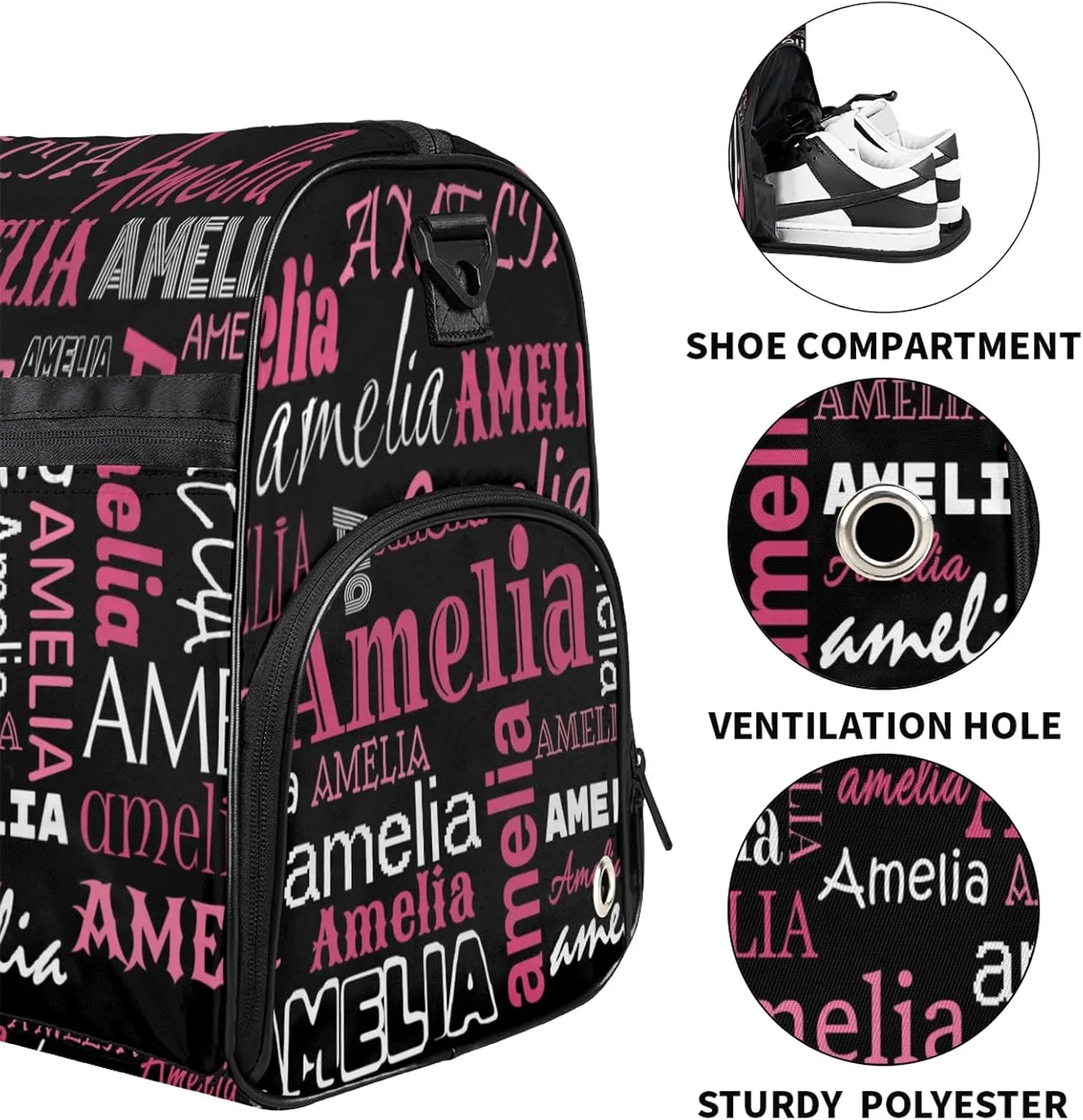 Custom Sports Duffel Bag with Name Personalized Gymnastics Bag with Shoes Compartment for Women Dance Ballet Bag Travel Duffels Lightweight, Black