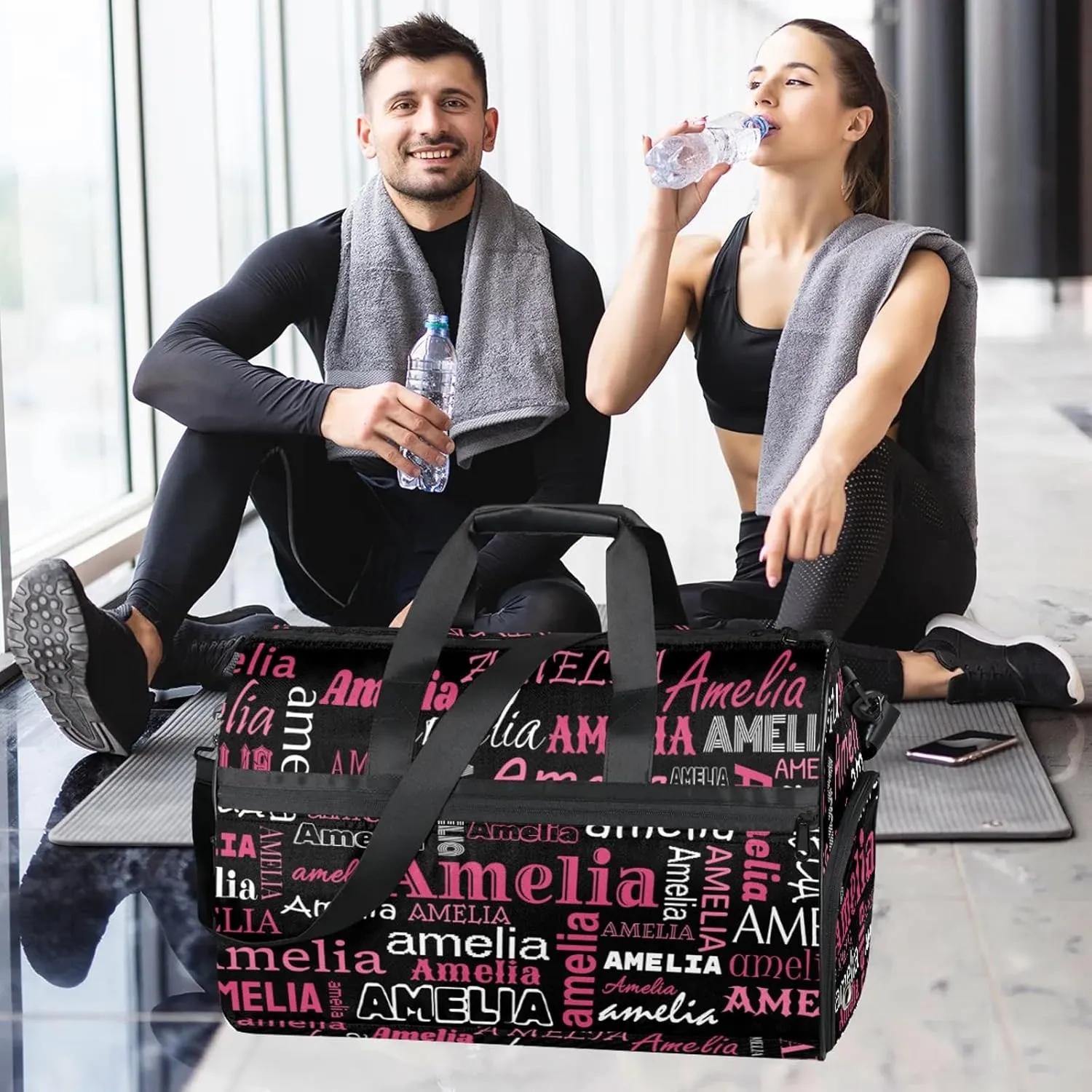 Custom Sports Duffel Bag with Name Personalized Gymnastics Bag with Shoes Compartment for Women Dance Ballet Bag Travel Duffels Lightweight, Black