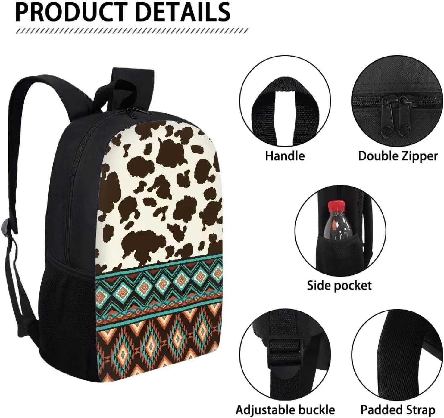 Cute Backpack for Girls 17 Inch Bookbag Comfy Padded Lightweight Brown Tribal Aztec Cow Backpacks for Girls Kids Student Personalized Durable Large Capacity Travel Daily School Bag